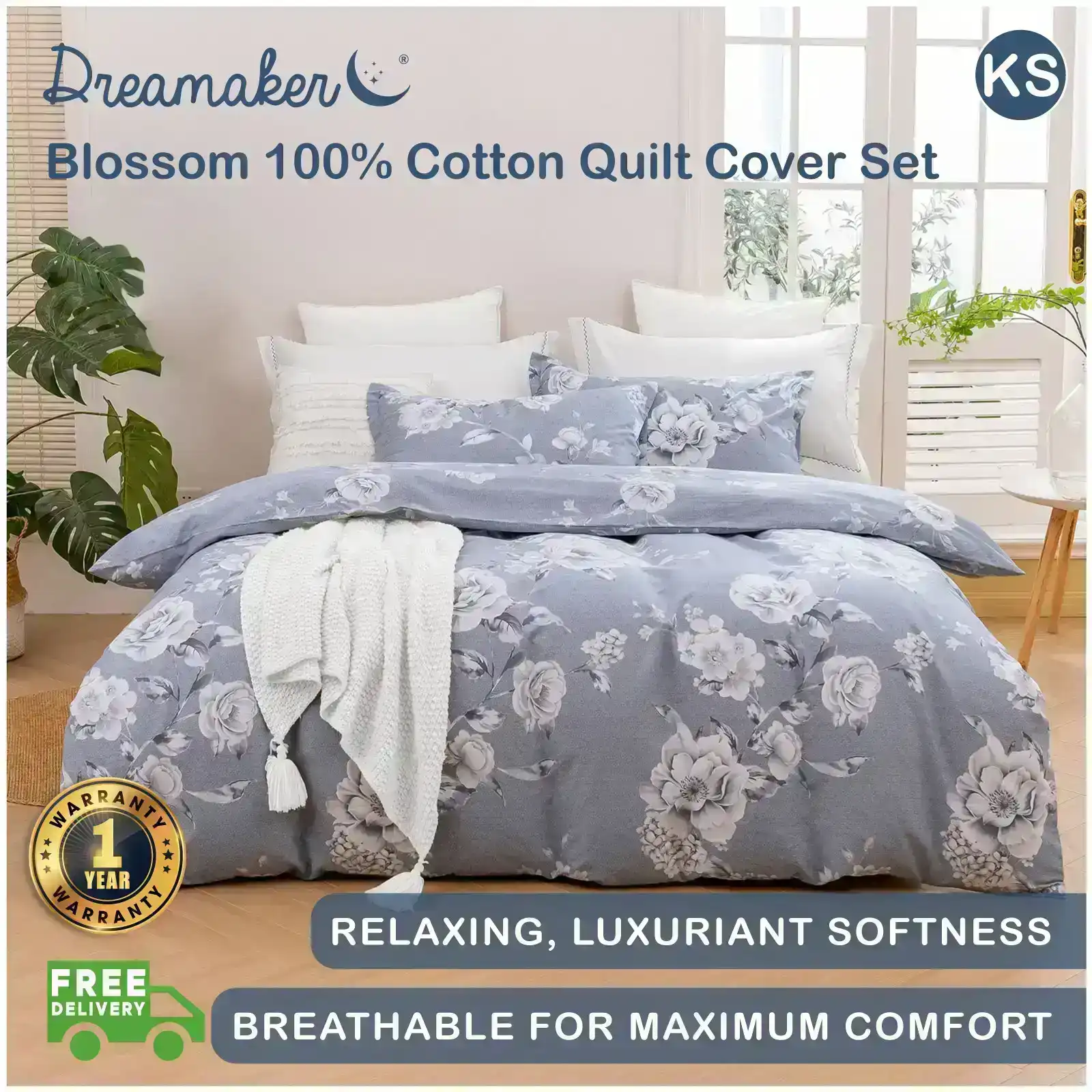 Dreamaker Blossom 100% Cotton Quilt Cover Set Silver King Single Bed