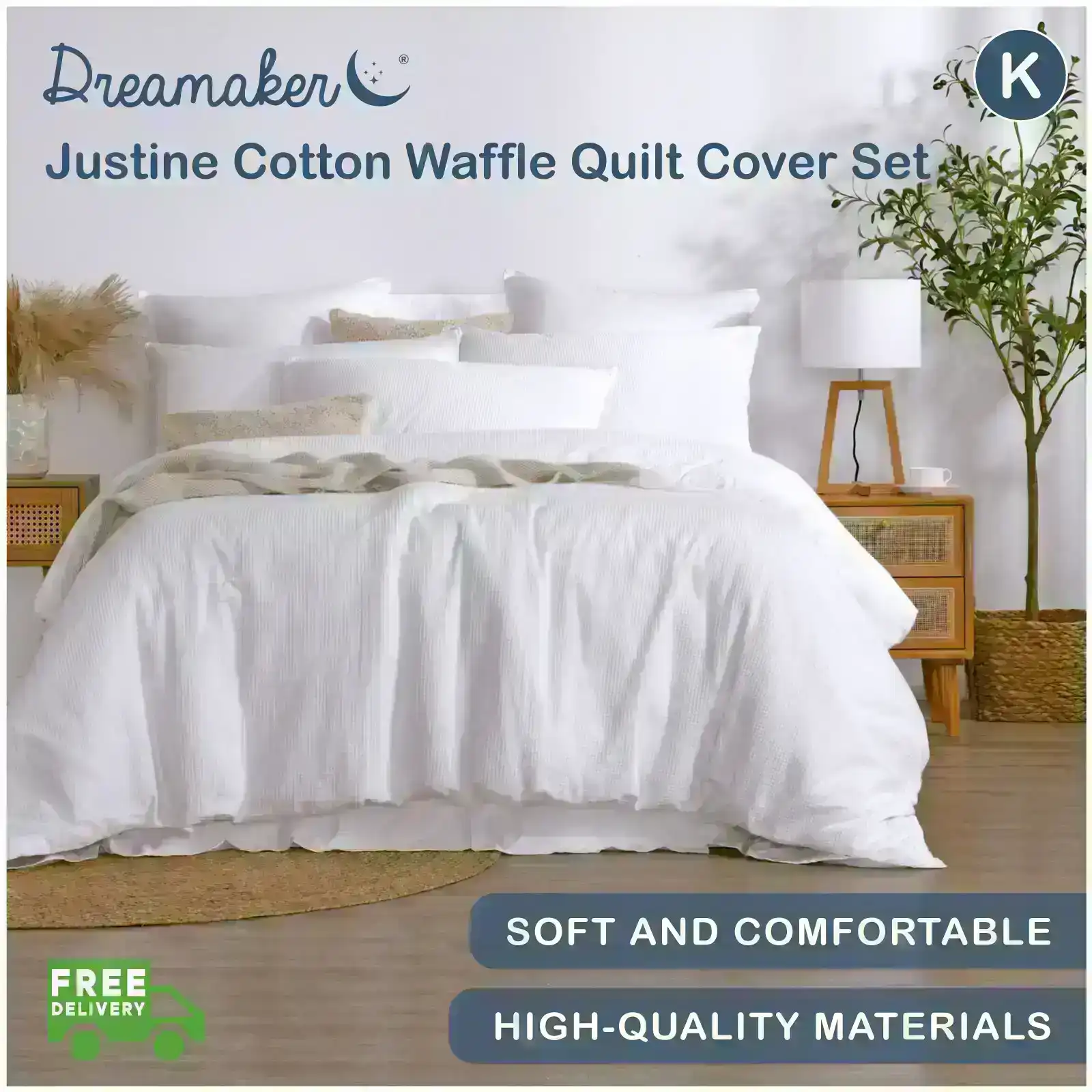 Dreamaker Justine Cotton Waffle Quilt Cover Set White King Bed