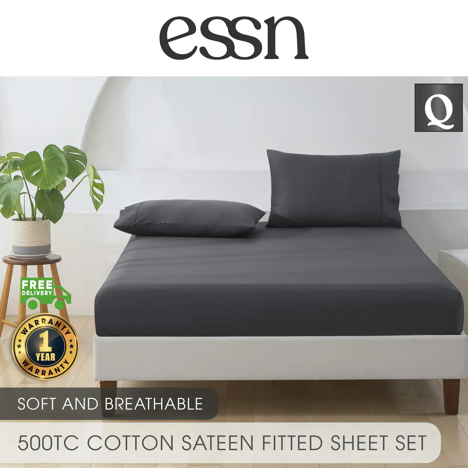 ESSN 500TC Cotton Sateen Fitted Sheet Set Charcoal Queen Bed