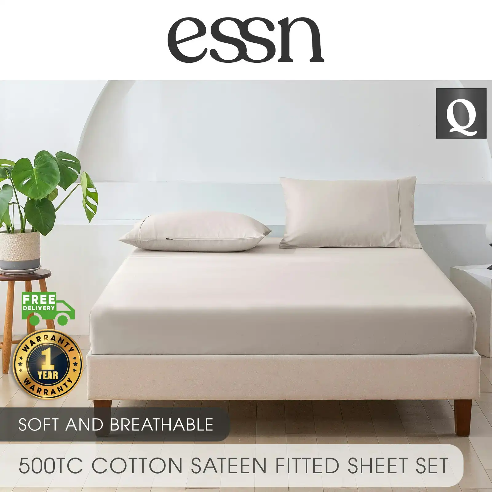 ESSN 500TC Cotton Sateen Fitted Sheet Set Stone  Queen Bed