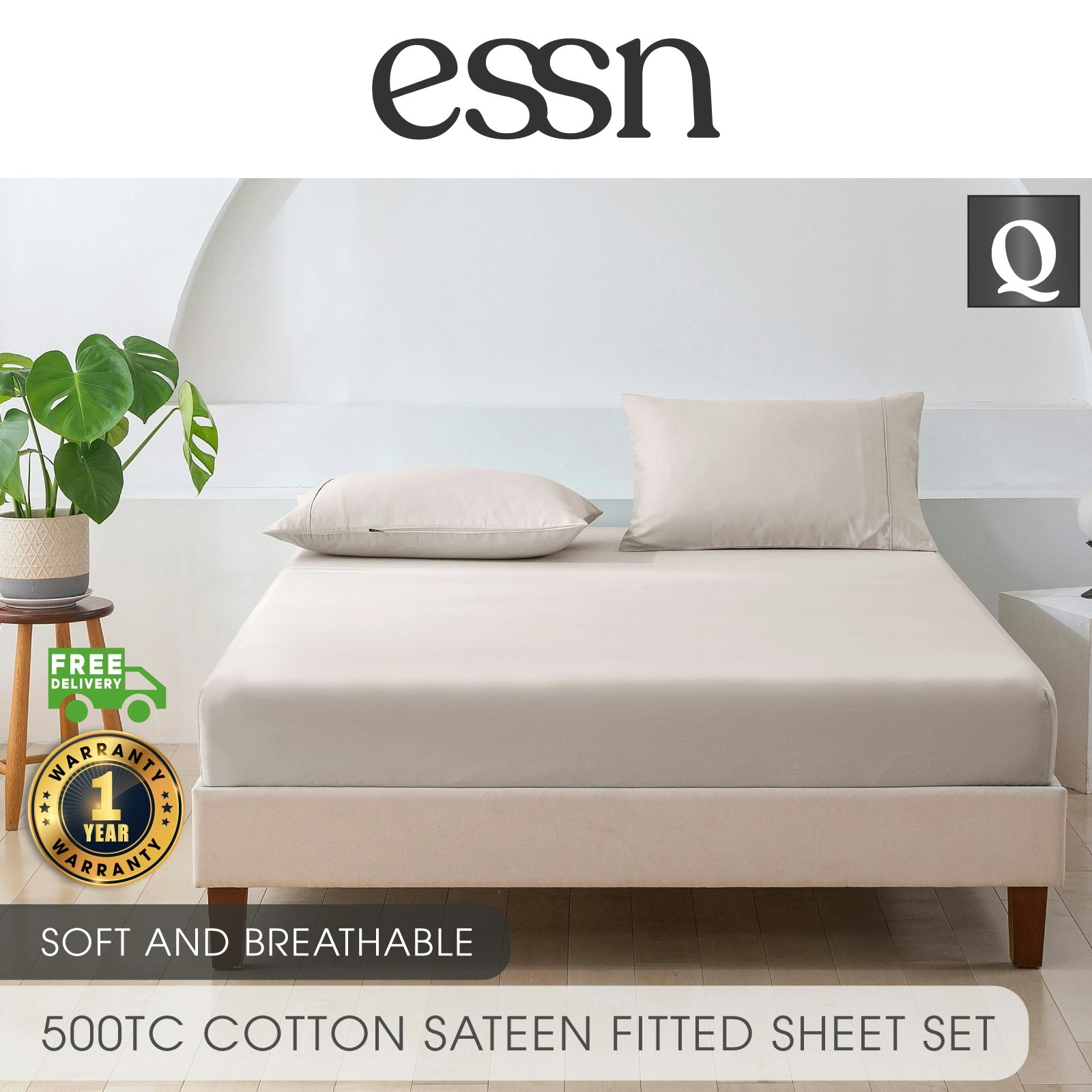 ESSN 500TC Cotton Sateen Fitted Sheet Set Stone  Queen Bed