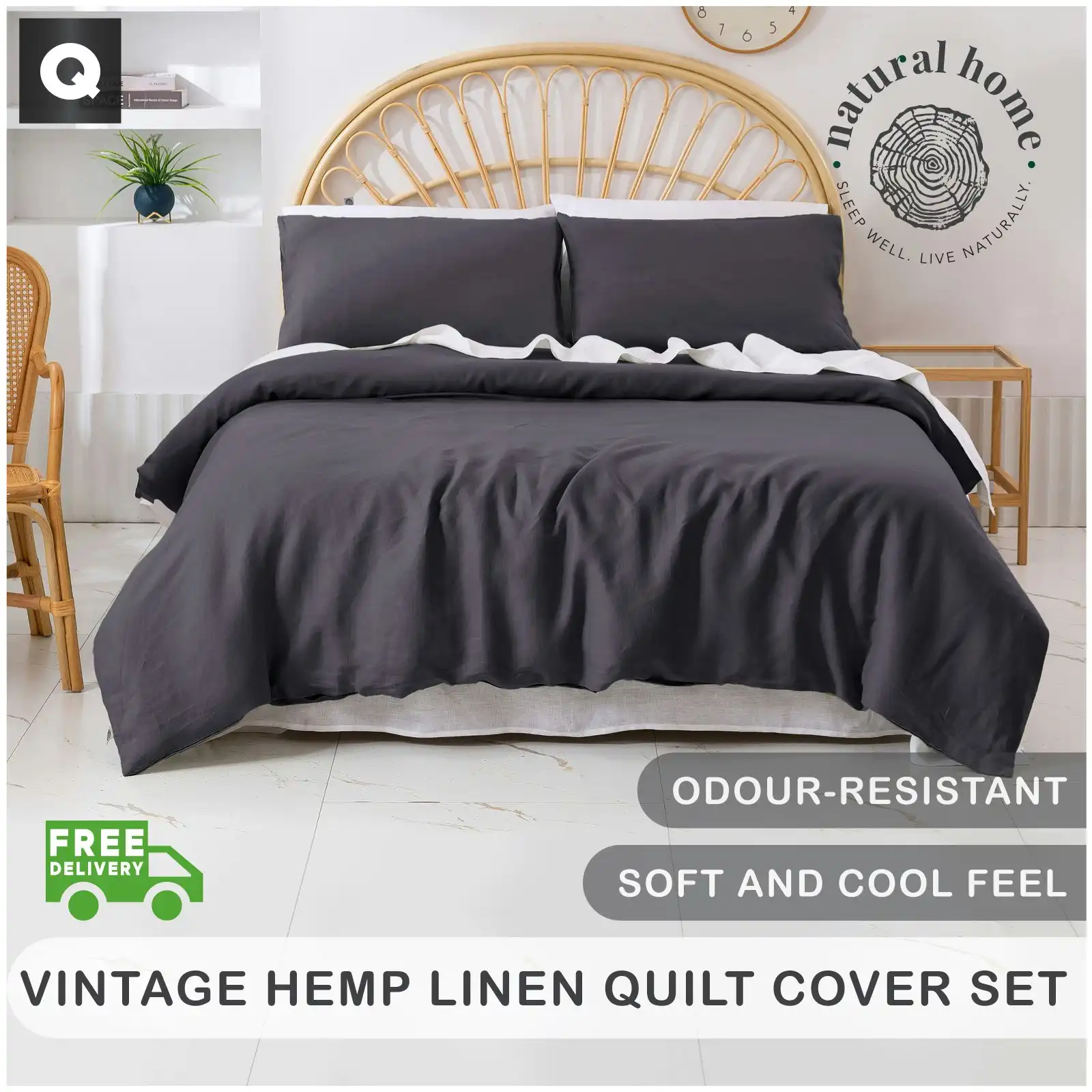 Natural Home Vintage Washed Hemp Linen Quilt Cover Set Charcoal Queen Bed