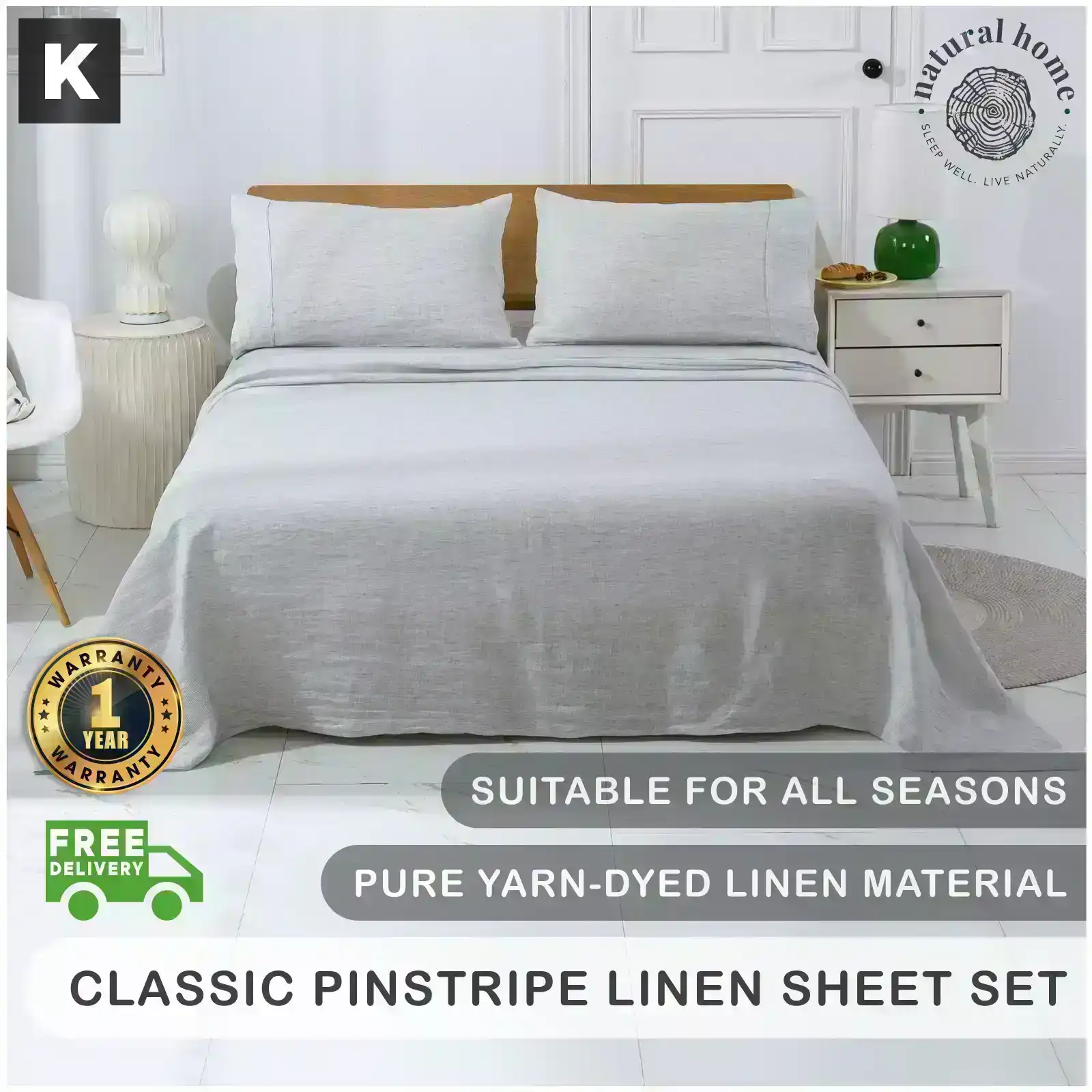 Natural Home Classic Pinstripe Linen Sheet Set White with Dark Pinstripe King Bed