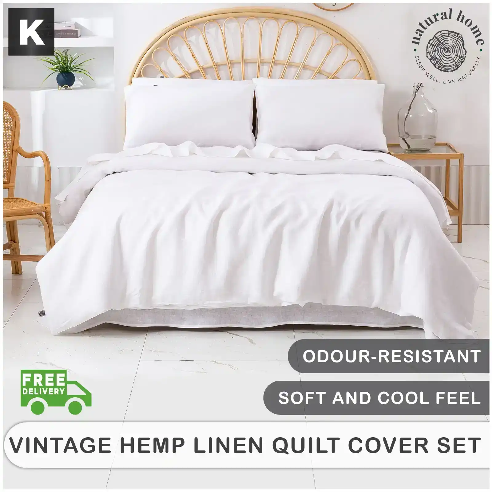 Natural Home Vintage Washed Hemp Linen Quilt Cover Set White King Bed