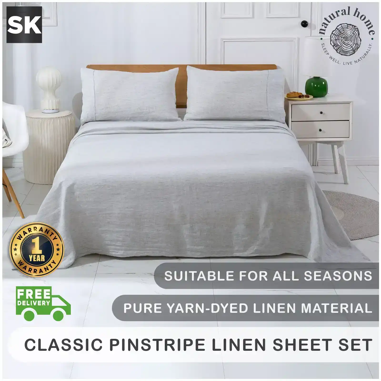 Natural Home Classic Pinstripe Linen Sheet Set White with Dark Pinstripe Super King Bed