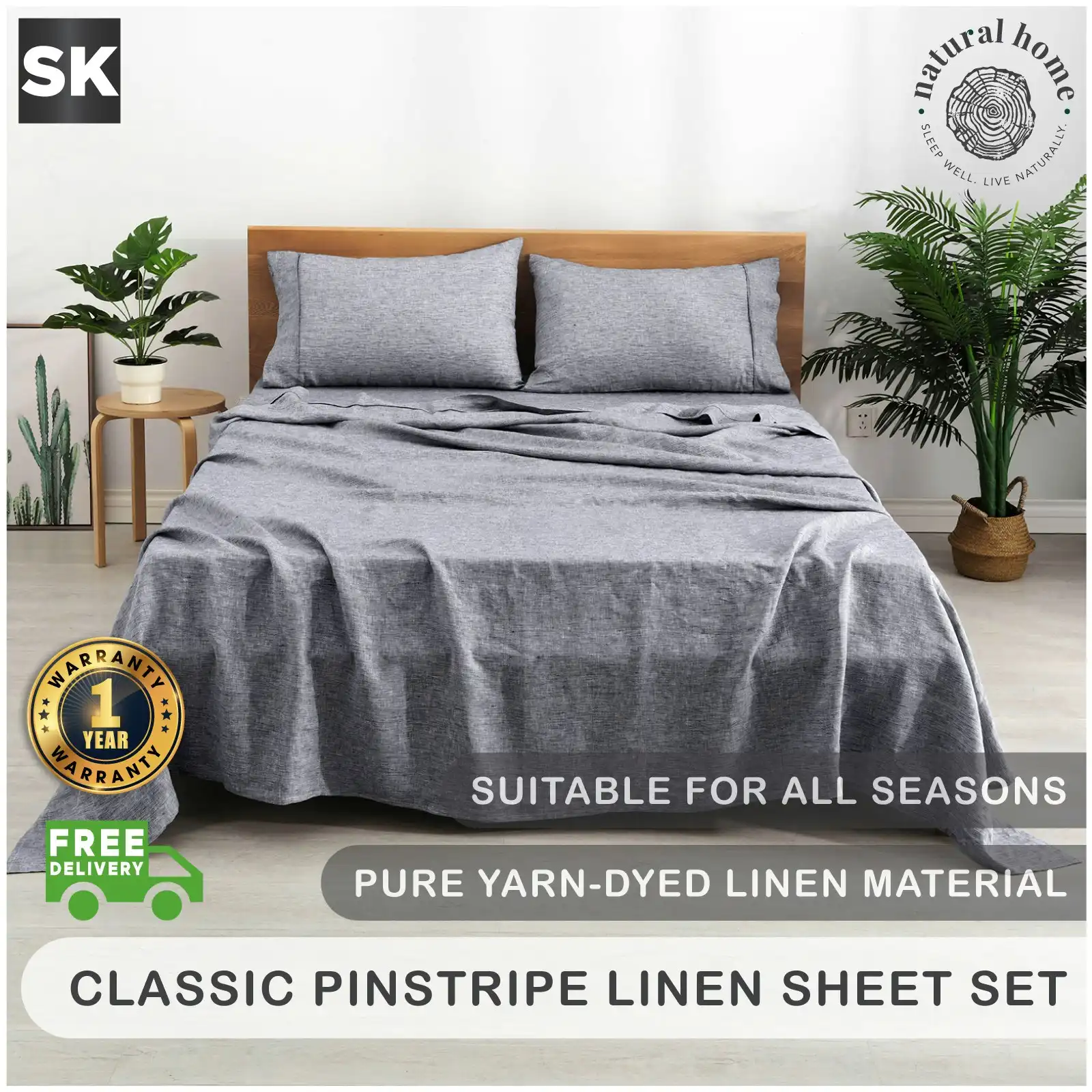 Natural Home Classic Pinstripe Linen Sheet Set Dark with White Pinstripe Super King Bed
