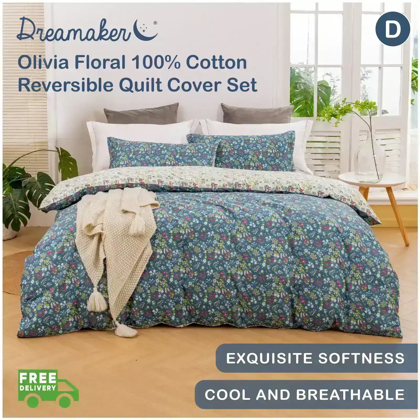 Dreamaker Olivia Floral 100% Cotton Reversible Quilt Cover Set Blue Double Bed