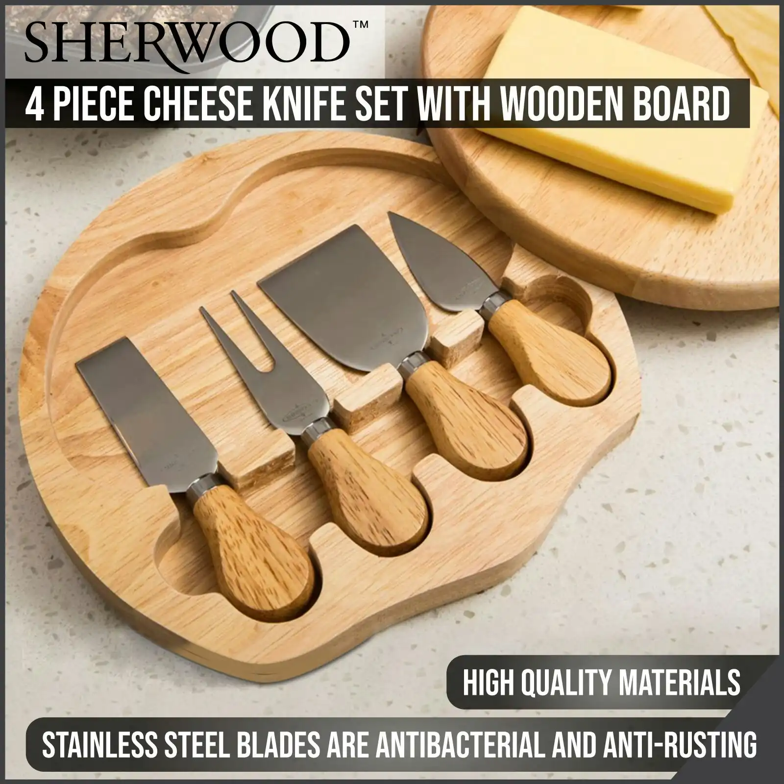 Sherwood Home 4 Piece Cheese Knife Set with Wooden Board - Natural Brown