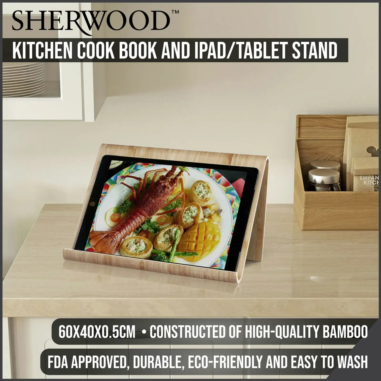 Sherwood Home Kitchen Cook Book & Ipad/ Tablet Bamboo Stand - Natural Brown