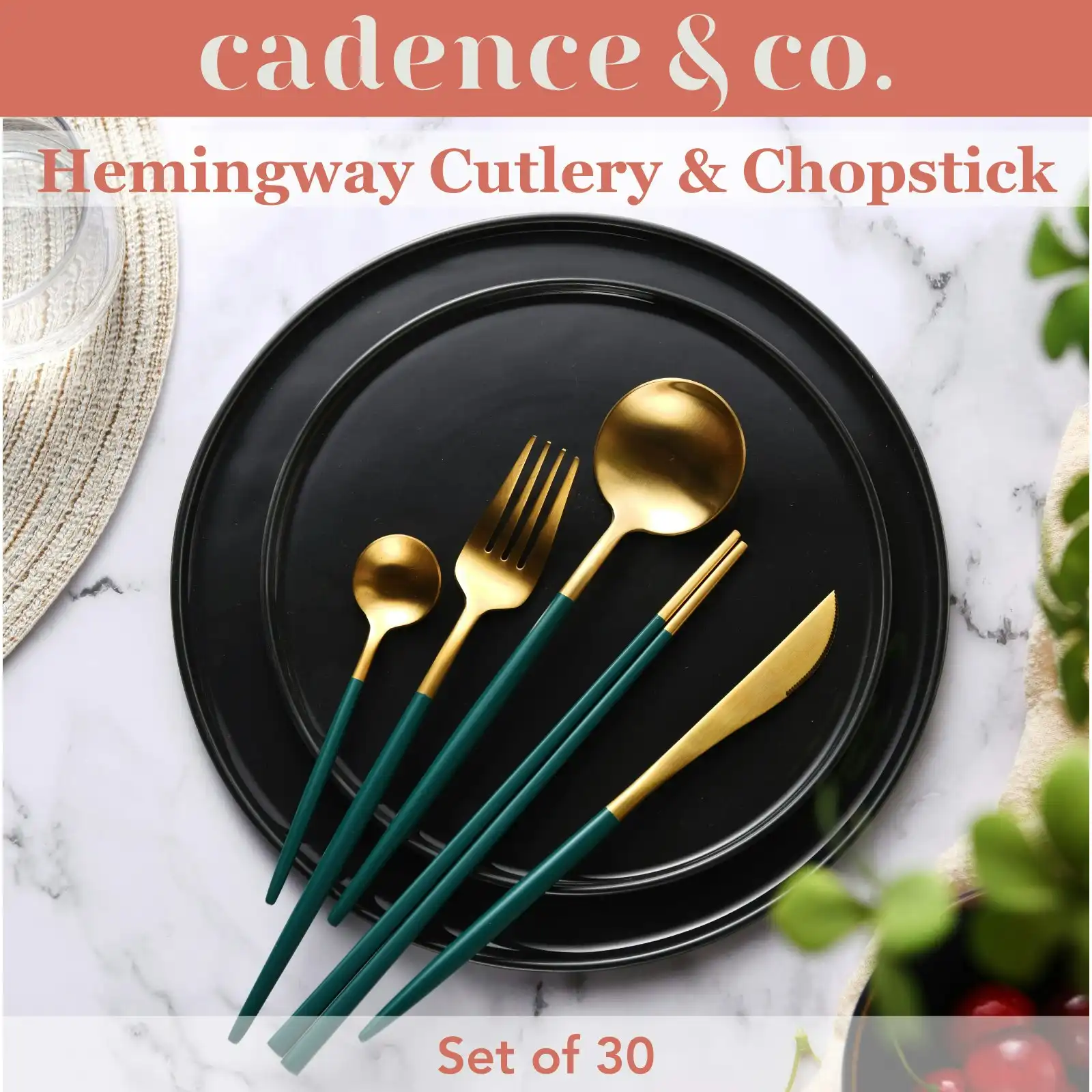 Cadence & Co Hemingway Cutlery and Chopstick Set 30 Piece Matte Green/Gold