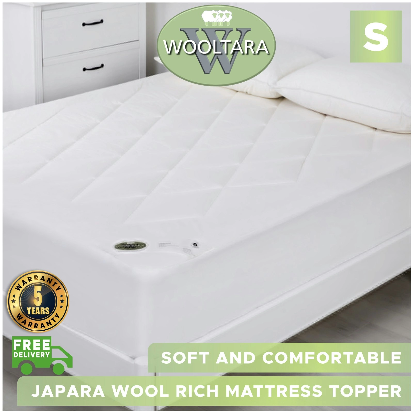 Wooltara Luxury Washable Cotton Japara Wool Rich Mattress Topper - Single Bed