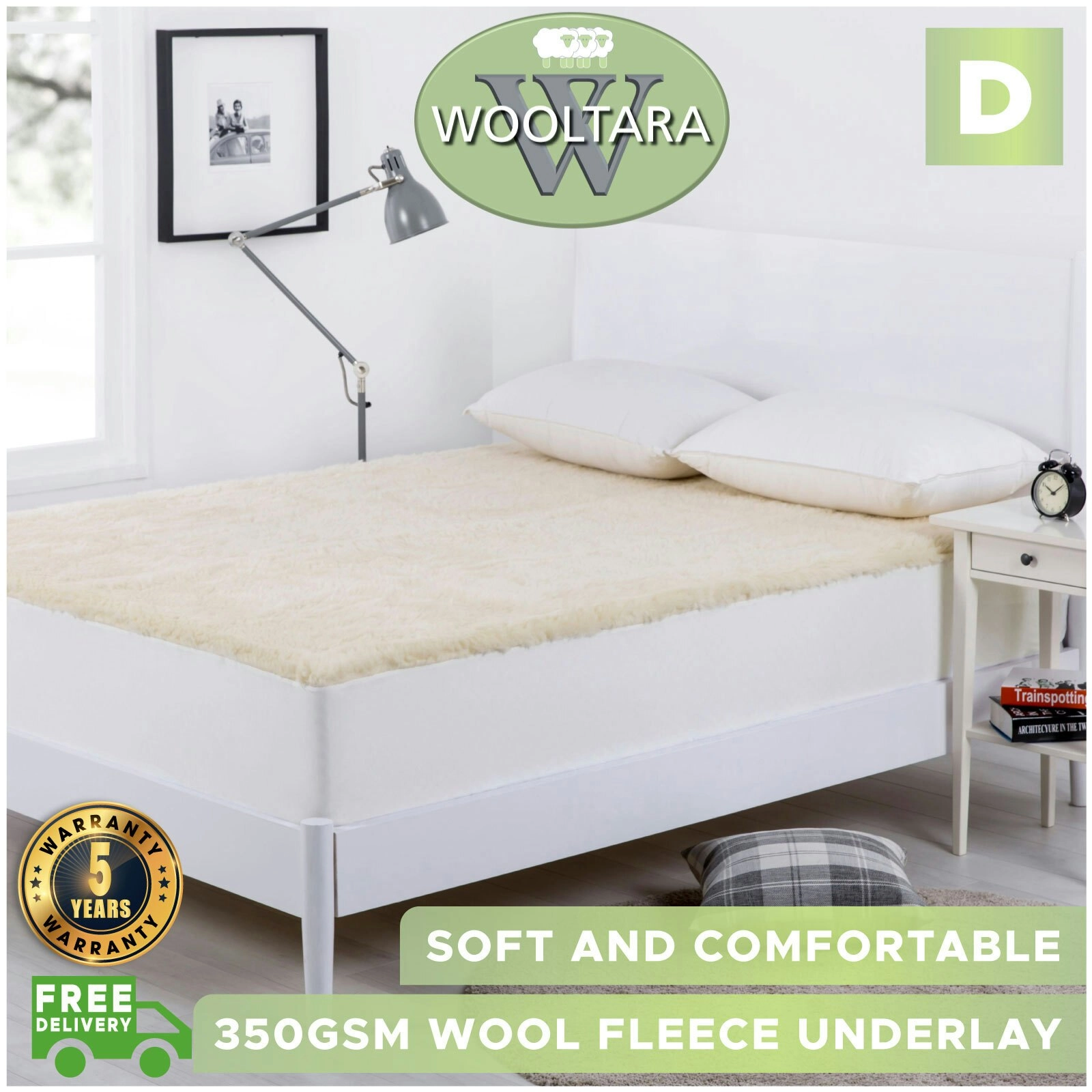 Wooltara 350Gsm Washable Alpaca Wool Fleece Underlay Double Bed