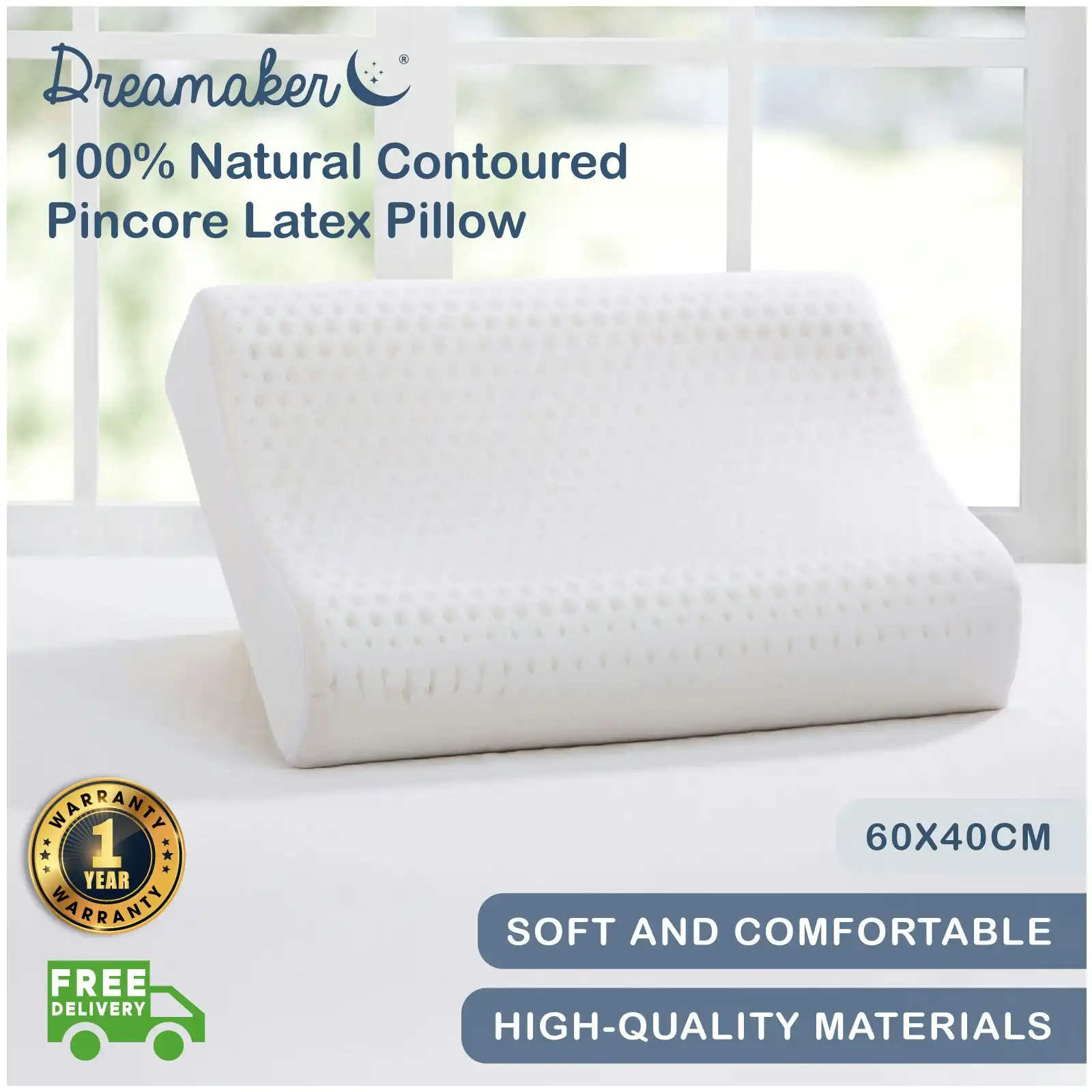 Dreamaker 100% Natural Contoured Pincore Latex Pillow 60x40cm