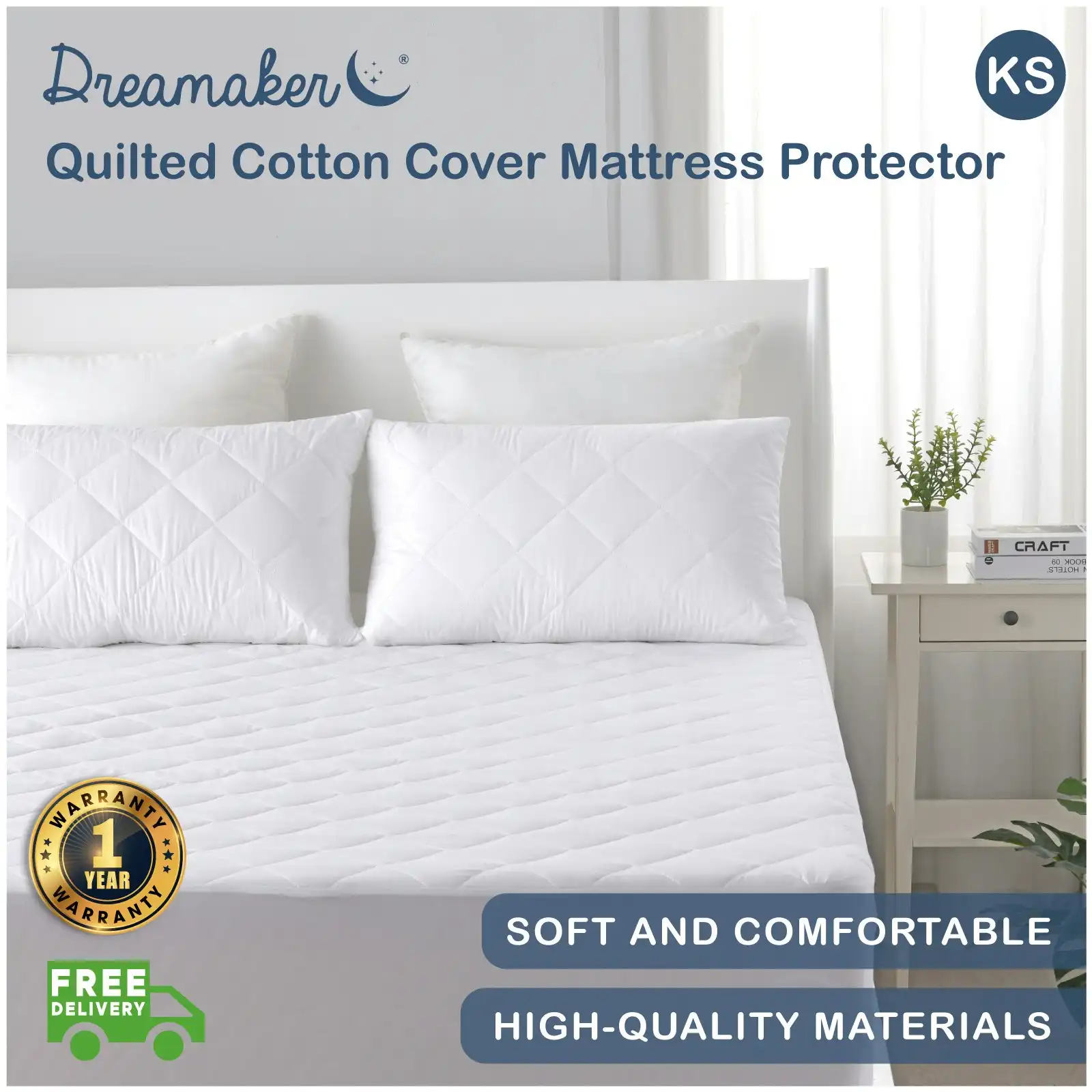 9009031 Dreamaker Quilted Cotton Cover Mattress Protector - King Single Bed