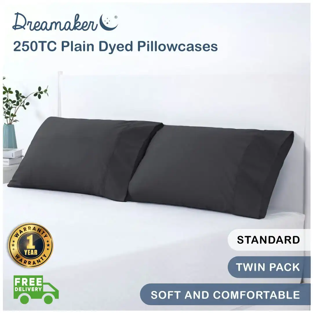 Dreamaker 250Tc Plain Dyed Standard Pillowcases - Twin Pack -48X73Cm Charcoal