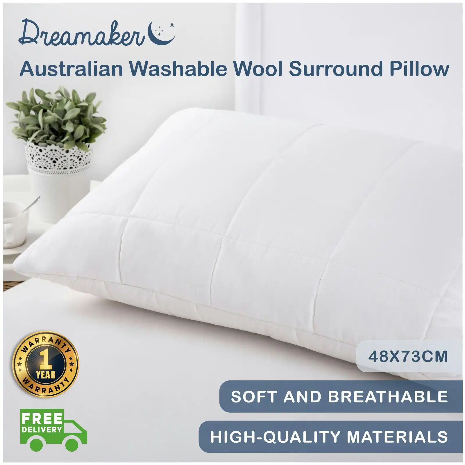 Dreamaker Australian Washable Wool Surround Pillow 48x73cm