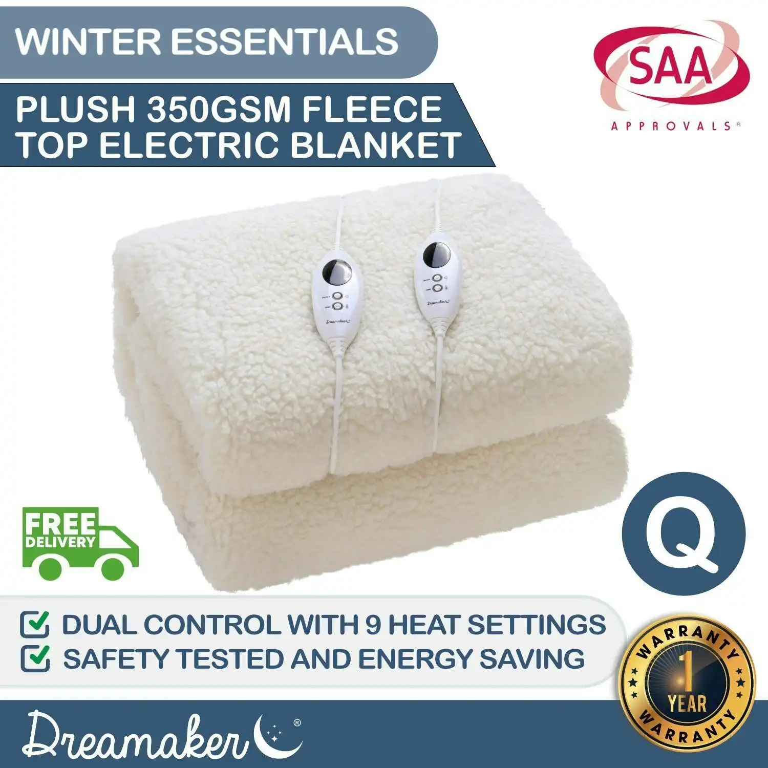 Dreamaker 350 Gsm Fleece Top Electric Blanket - Queen Bed