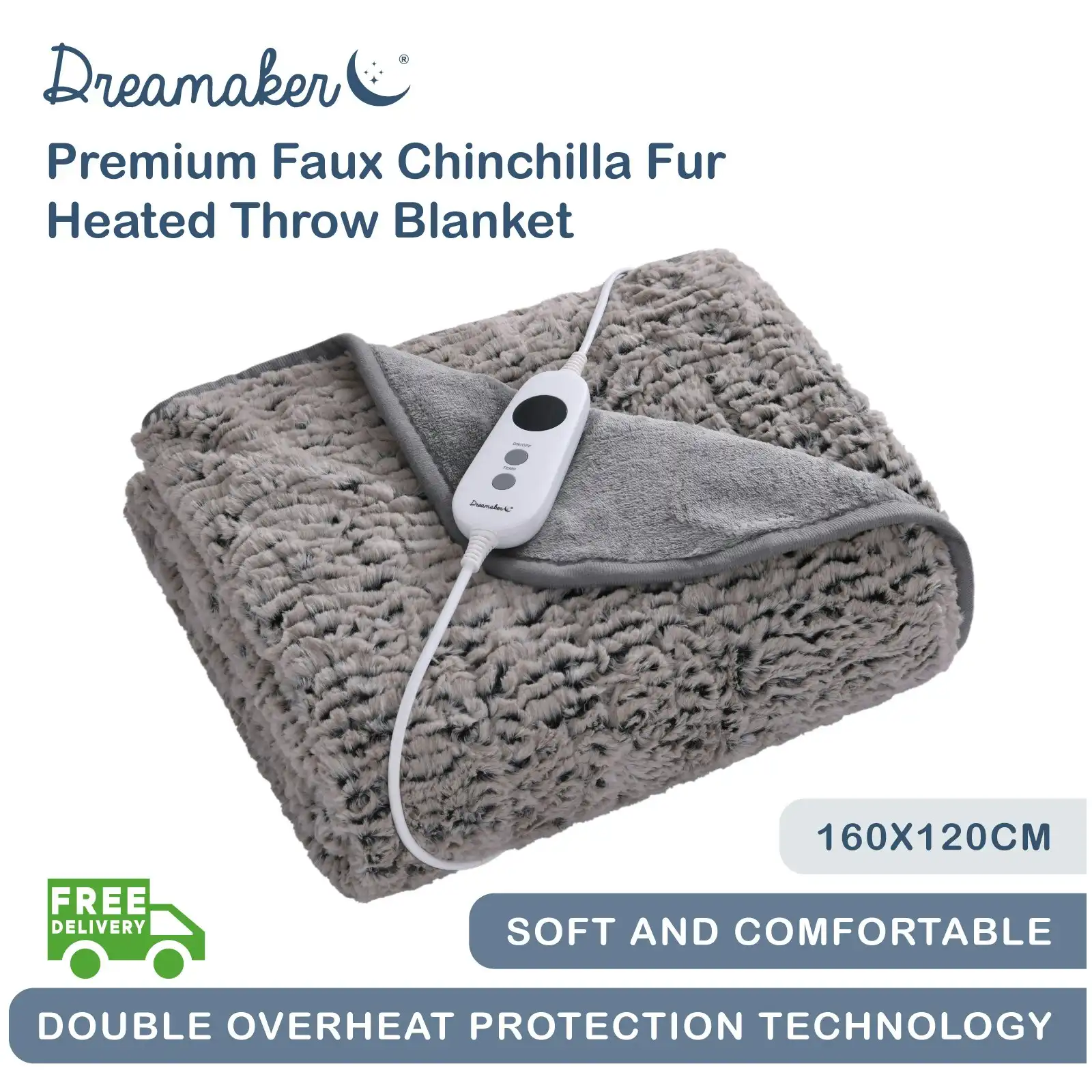 Dreamaker Premium Faux Chinchilla Fur Heated Throw Blanket 160 x 120cm