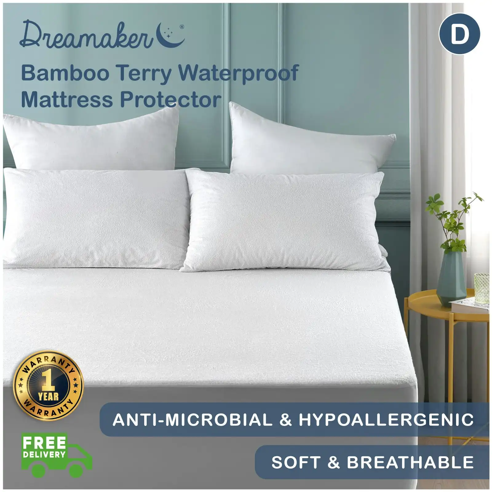 Dreamaker Bamboo Terry Waterproof Mattress Protector Double Bed