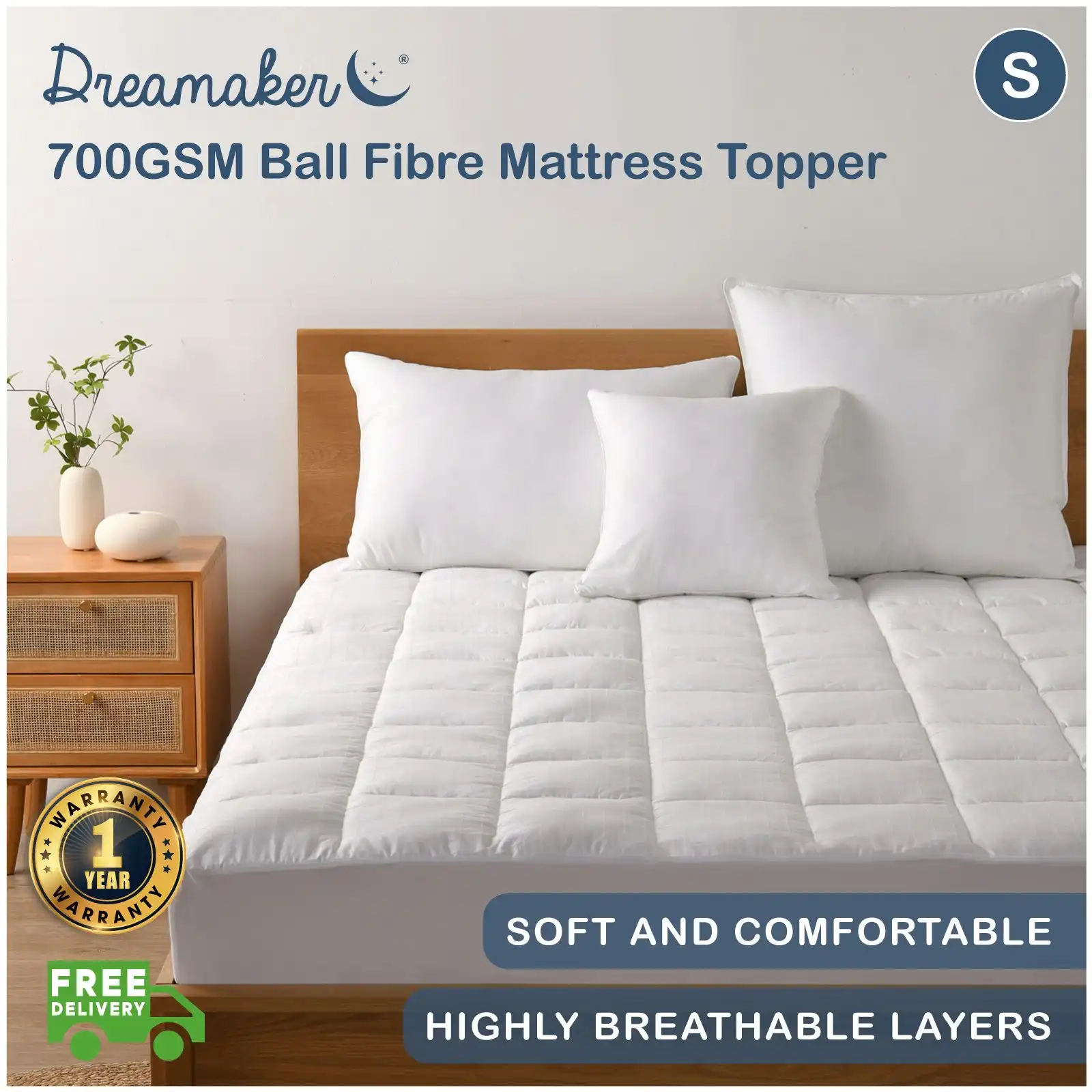 Dreamaker 700GSM Ball Fibre Mattress Topper - Single Bed