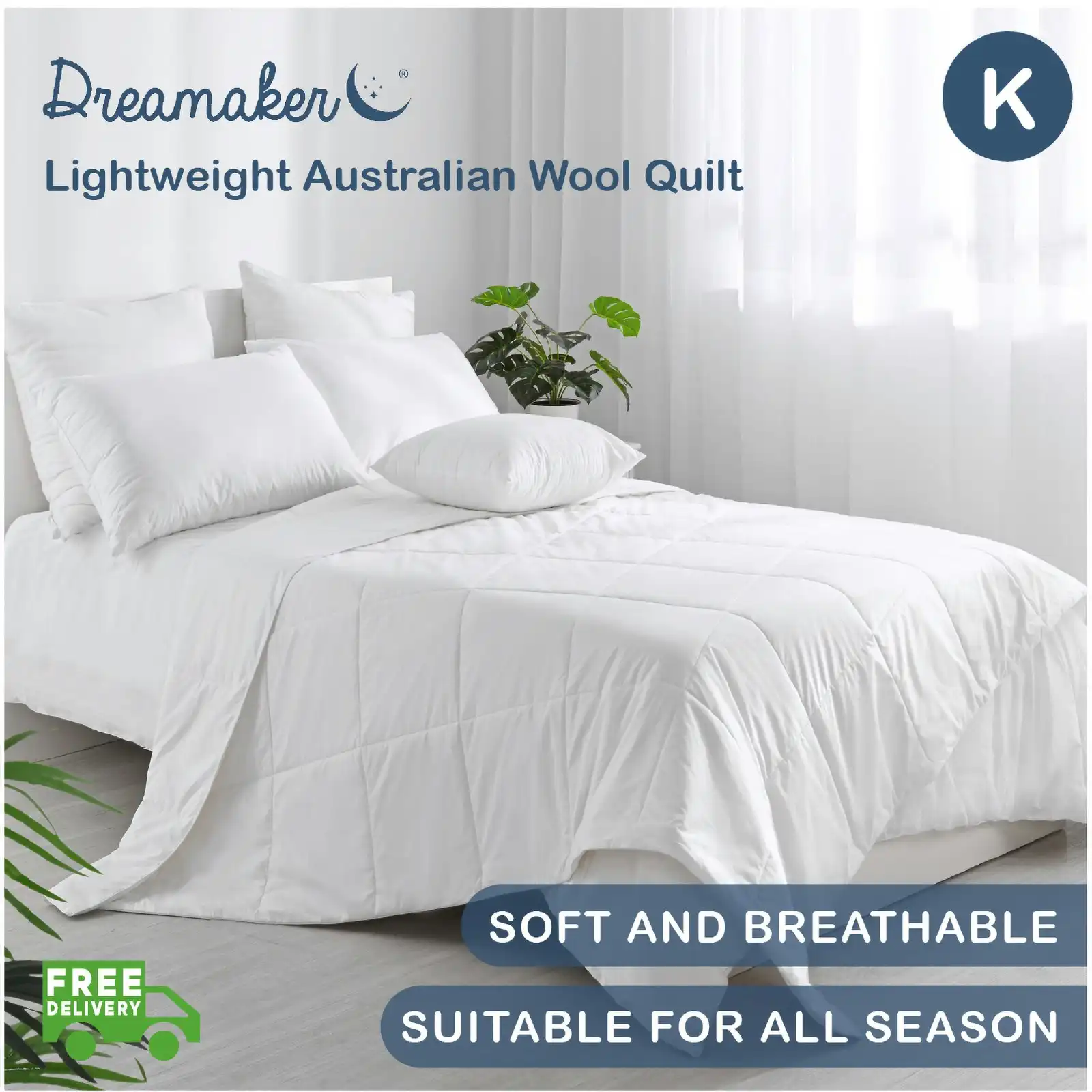 Dreamaker 250GSM Lightweight Australian Wool Quilt King Bed White