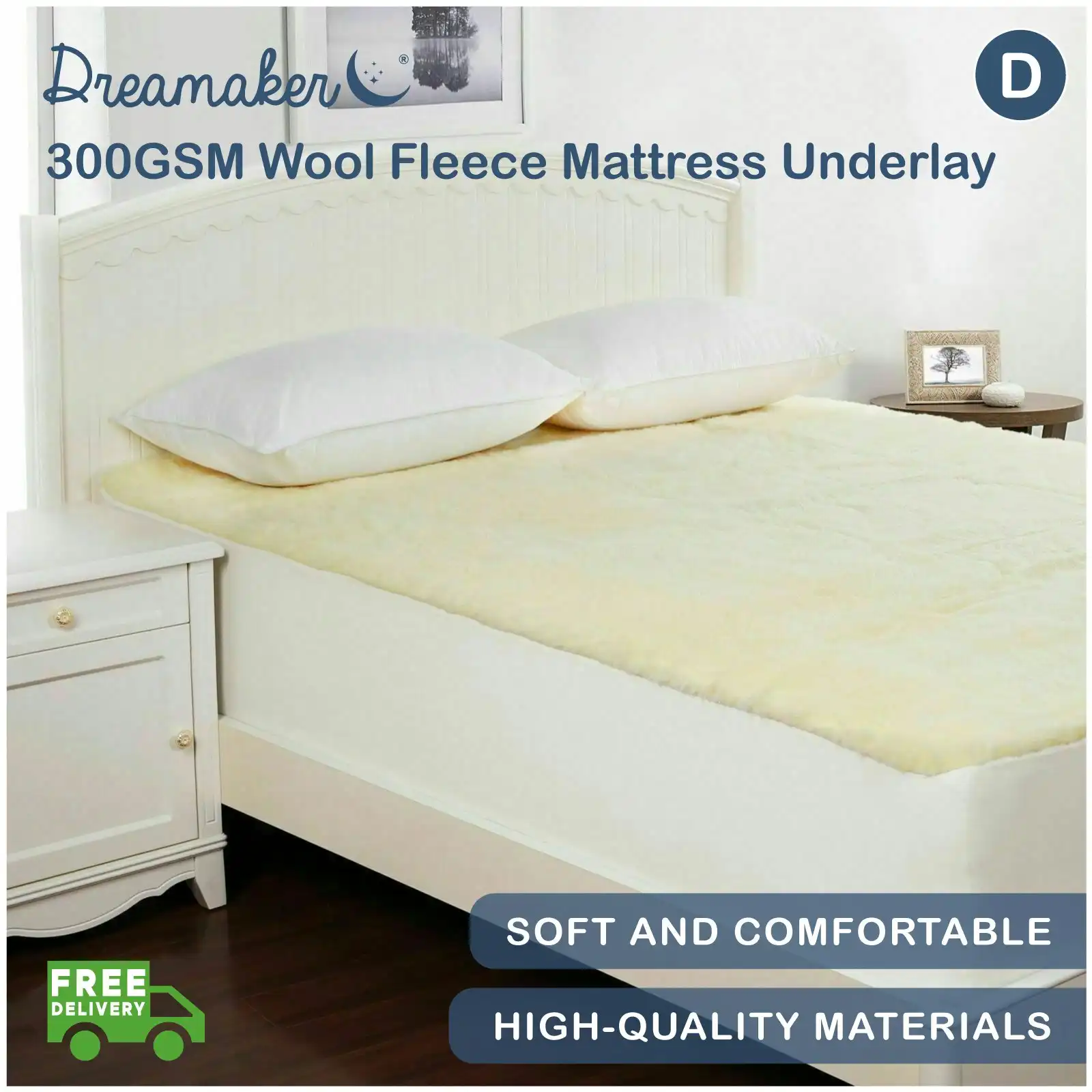 Dreamaker 300GSM Wool Fleece Mattress Underlay Double Bed