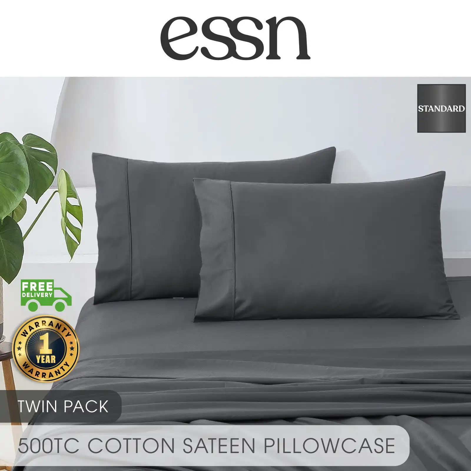 ESSN 500TC Cotton Sateen Standard Pillowcase Charcoal (Twin Pack)