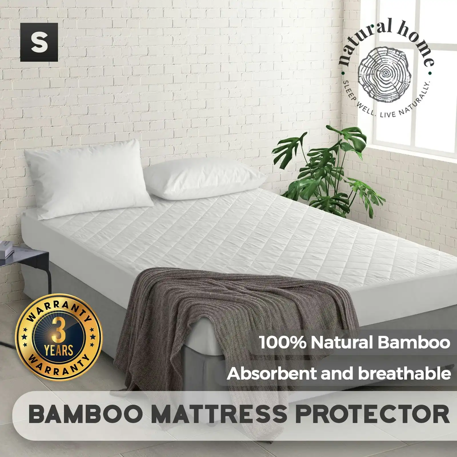 Natural Home Bamboo Quilted Mattress Protector White Single Bed