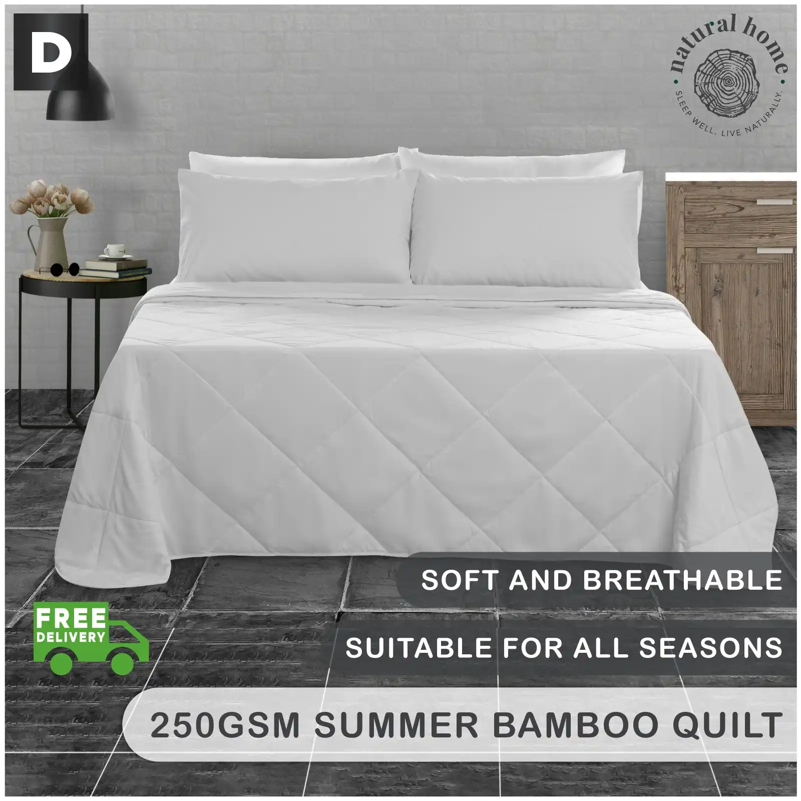 Natural Home Summer Bamboo Quilt 250gsm - White - Double Bed