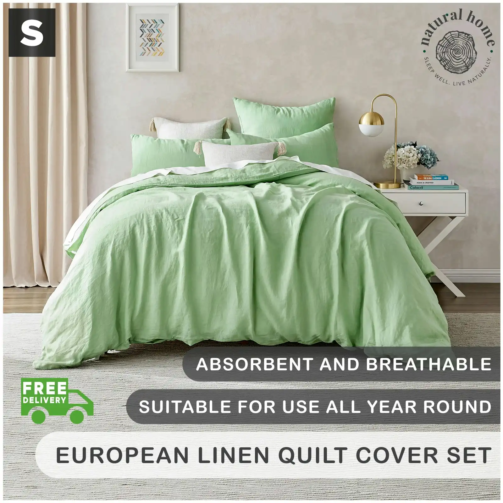 Natural Home Linen 100% European Flax Linen Quilt Cover Set - Sage - Single Bed