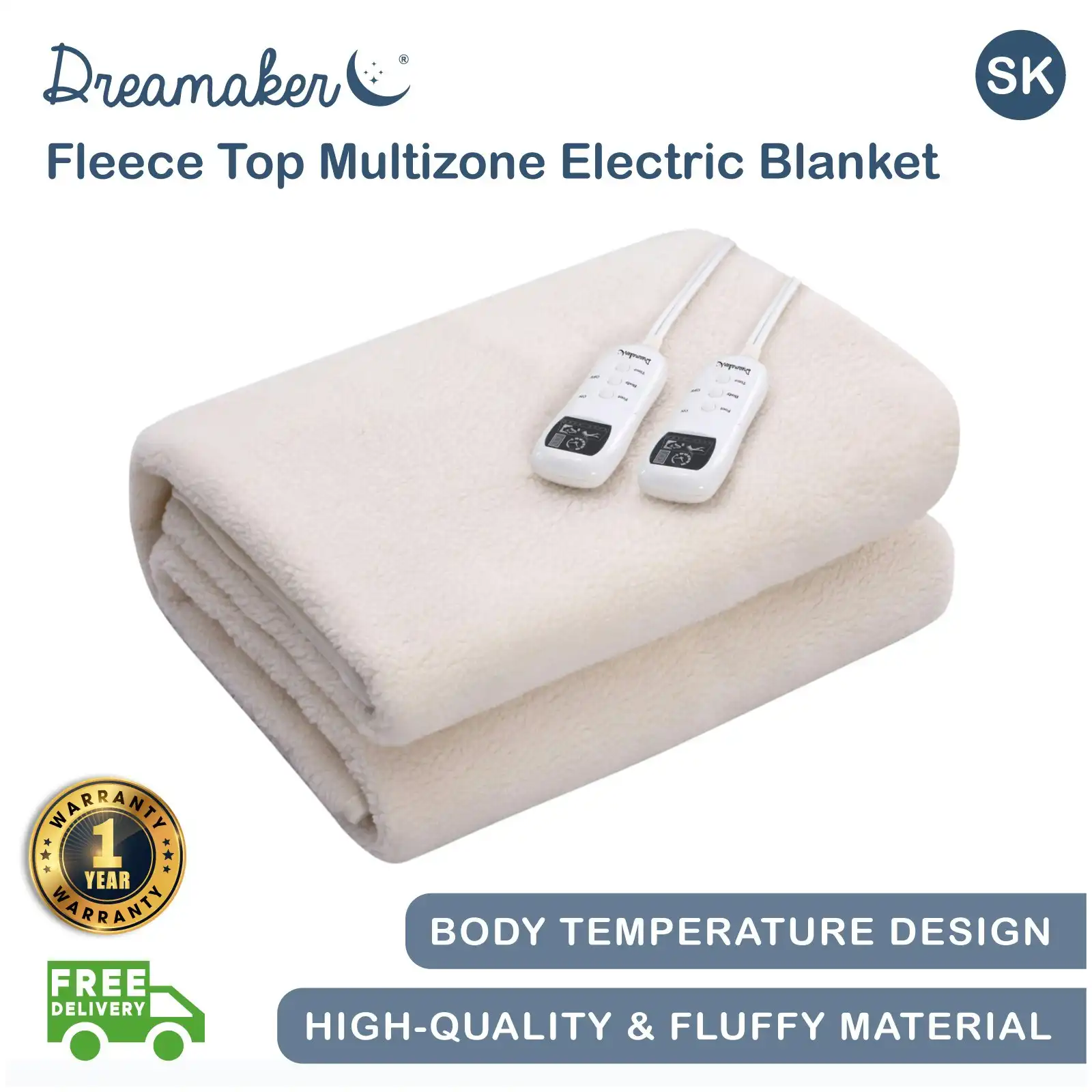 Dreamaker Multi-Zone Fleece Top Electric Blanket Beige Super King Bed