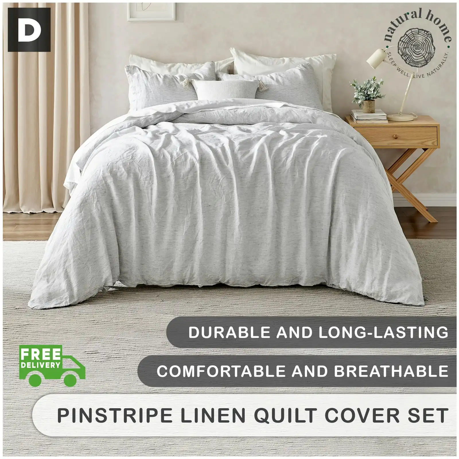 Natural Home Classic Pinstripe Linen Quilt Cover Set Dark with White Pinstripe Double Bed
