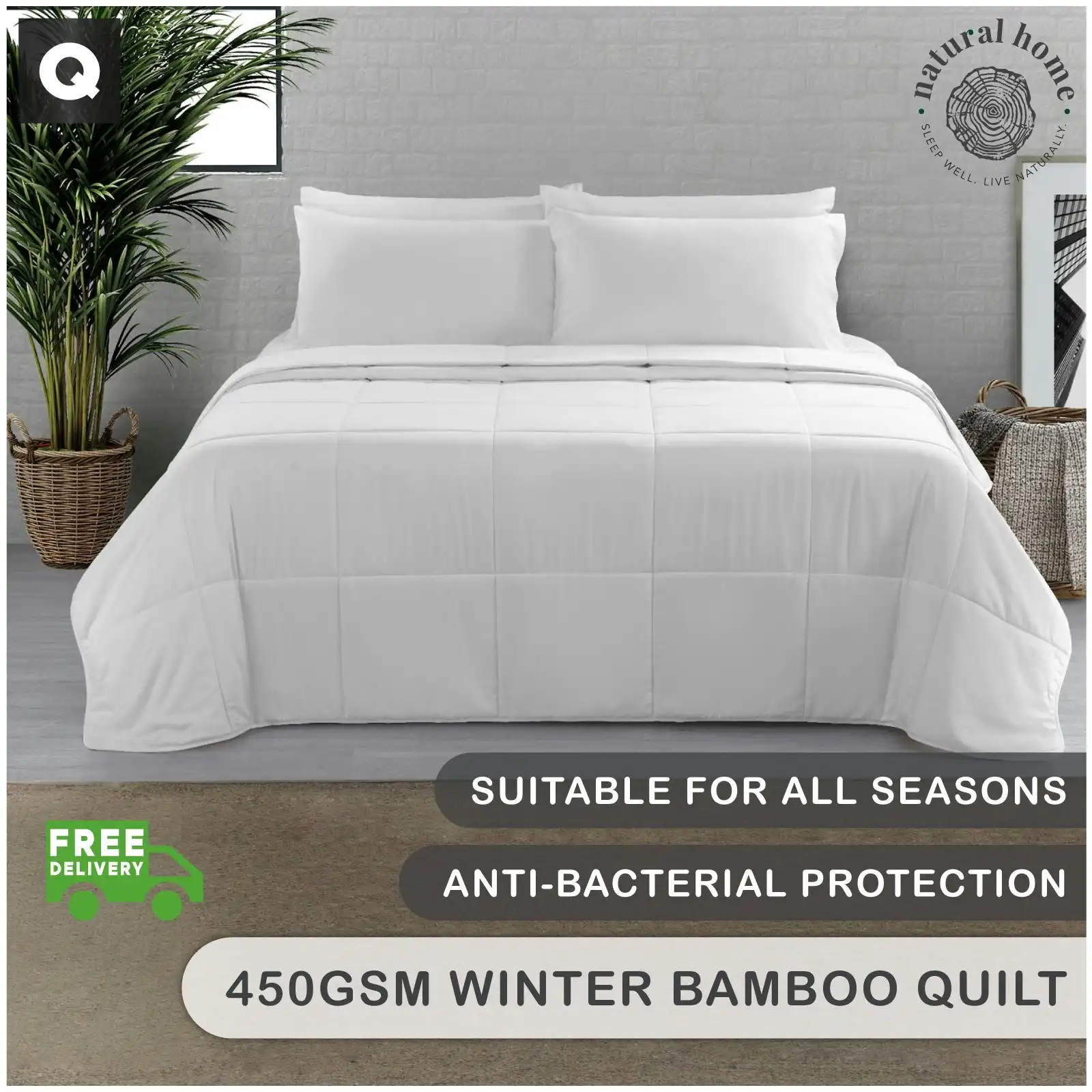 Natural Home Winter Bamboo Quilt 450gsm - White - Queen Bed