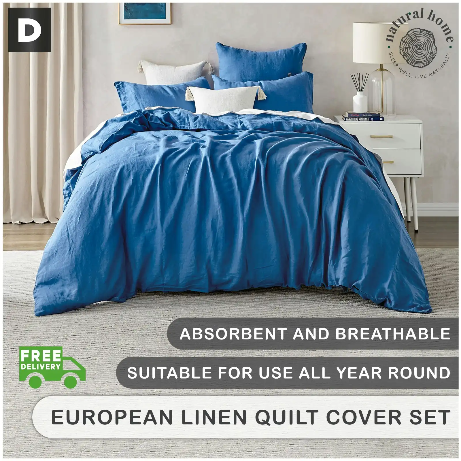 Natural Home Linen 100% European Flax Linen Quilt Cover Set - Deep Blue - Double Bed