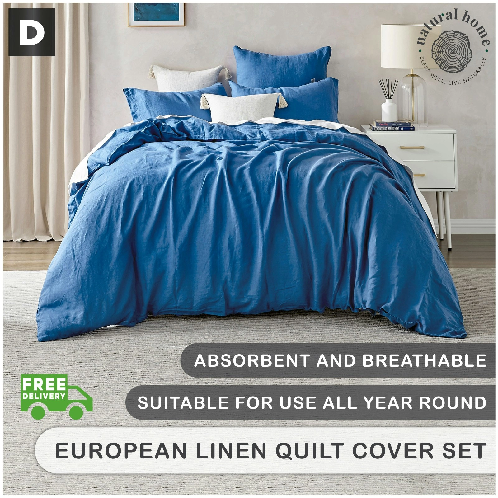 Natural Home Linen 100% European Flax Linen Quilt Cover Set Deep Blue Double Bed