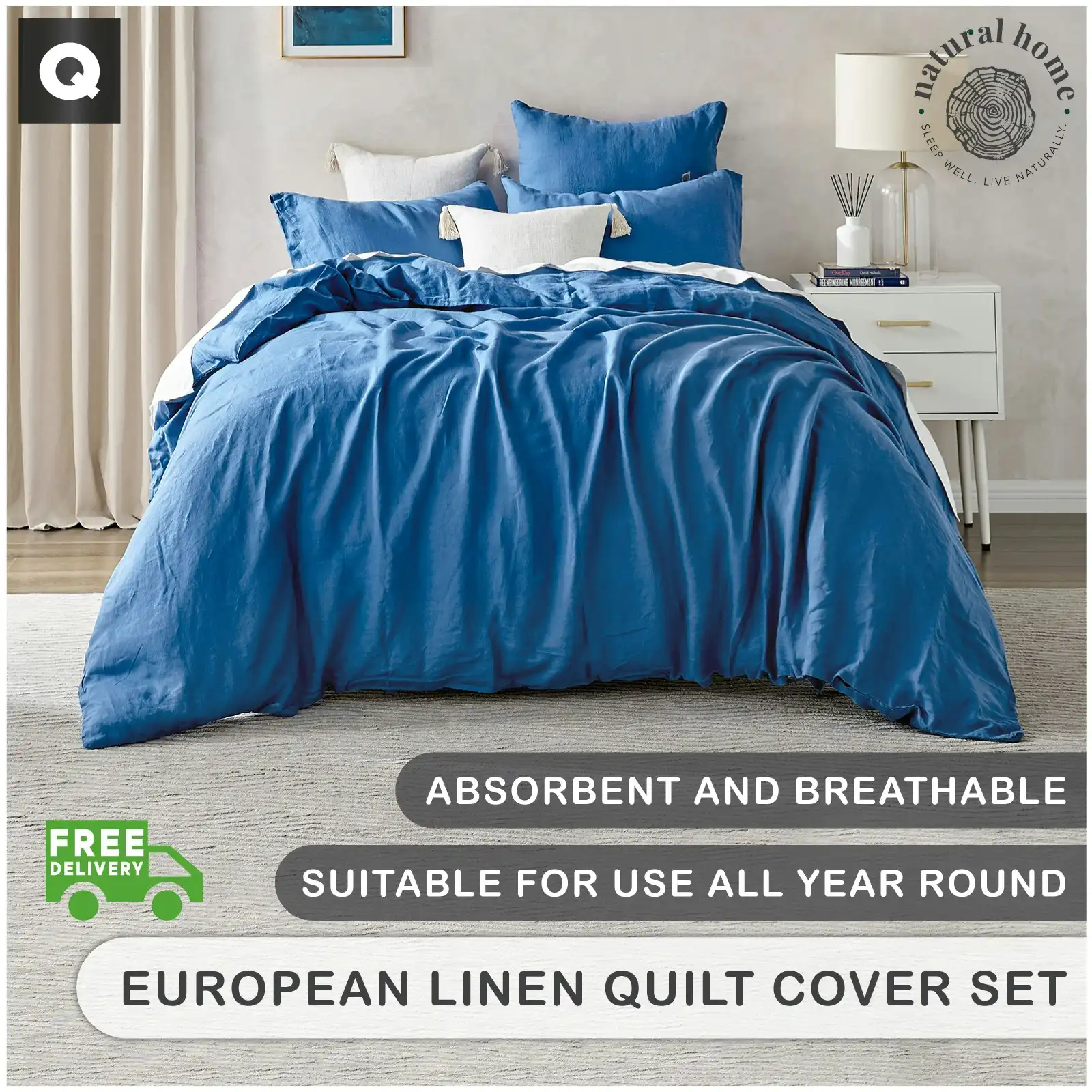 Natural Home Linen 100% European Flax Linen Quilt Cover Set Deep Blue Queen Bed
