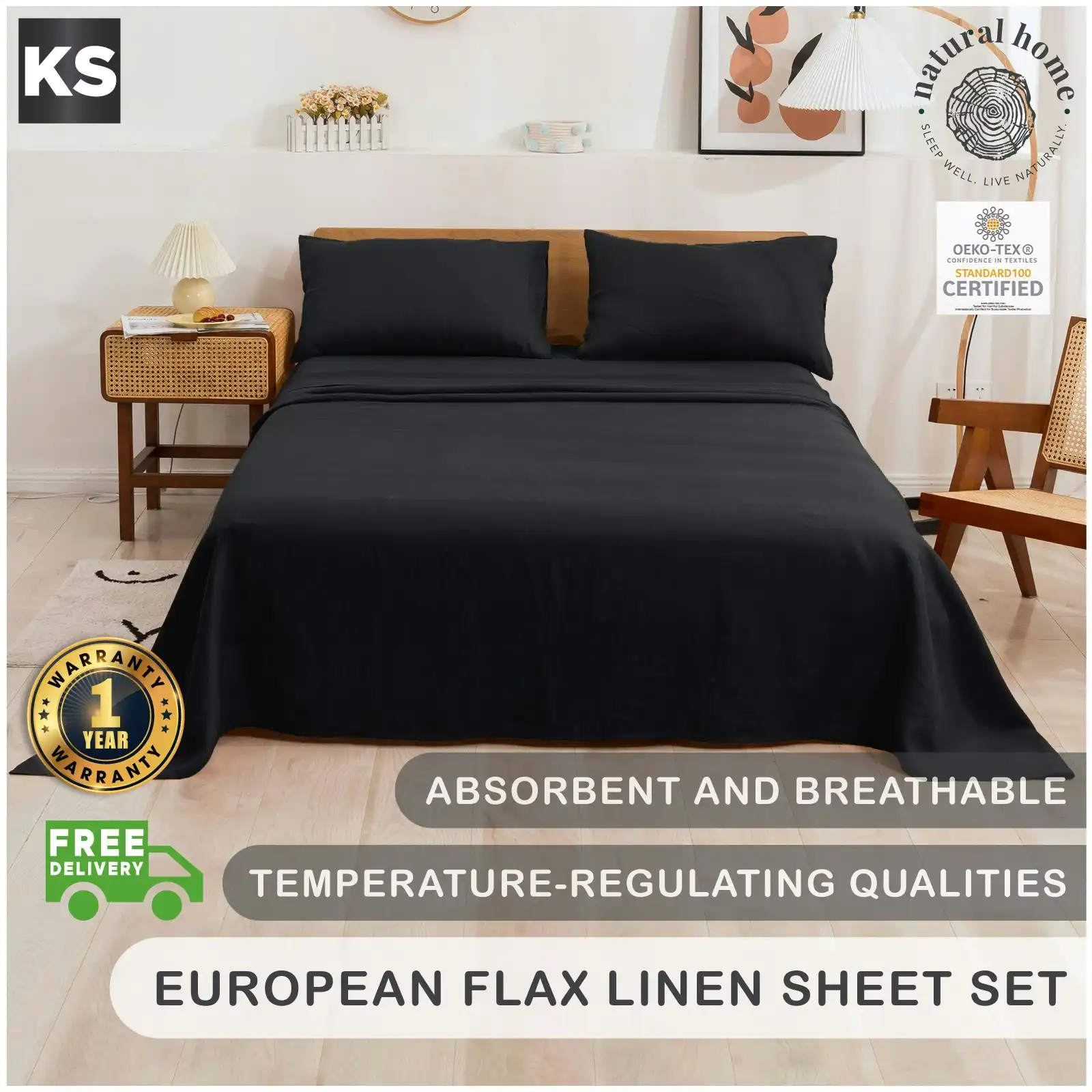 Natural Home 100% European Flax Linen Sheet Set Charcoal King Single Bed