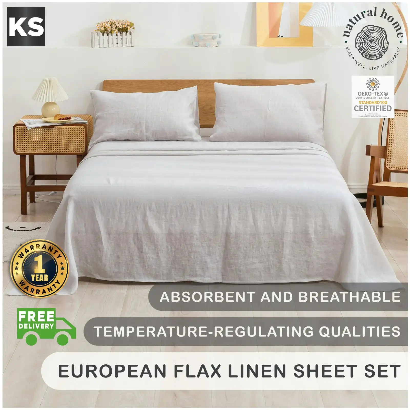 Natural Home 100% European Flax Linen Sheet Set Dove Grey King Single Bed