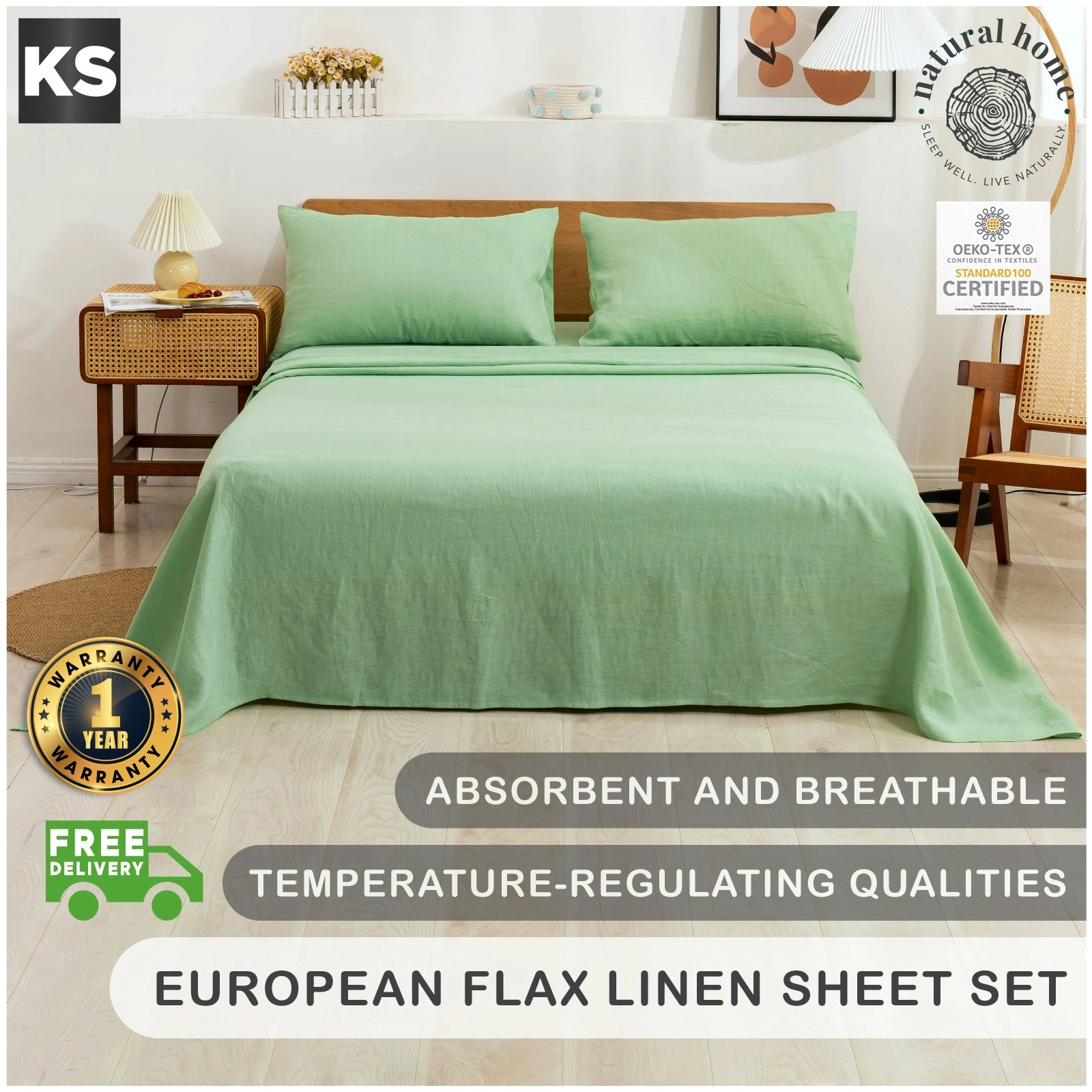 Natural Home 100% European Flax Linen Sheet Set - Sage - King Single Bed