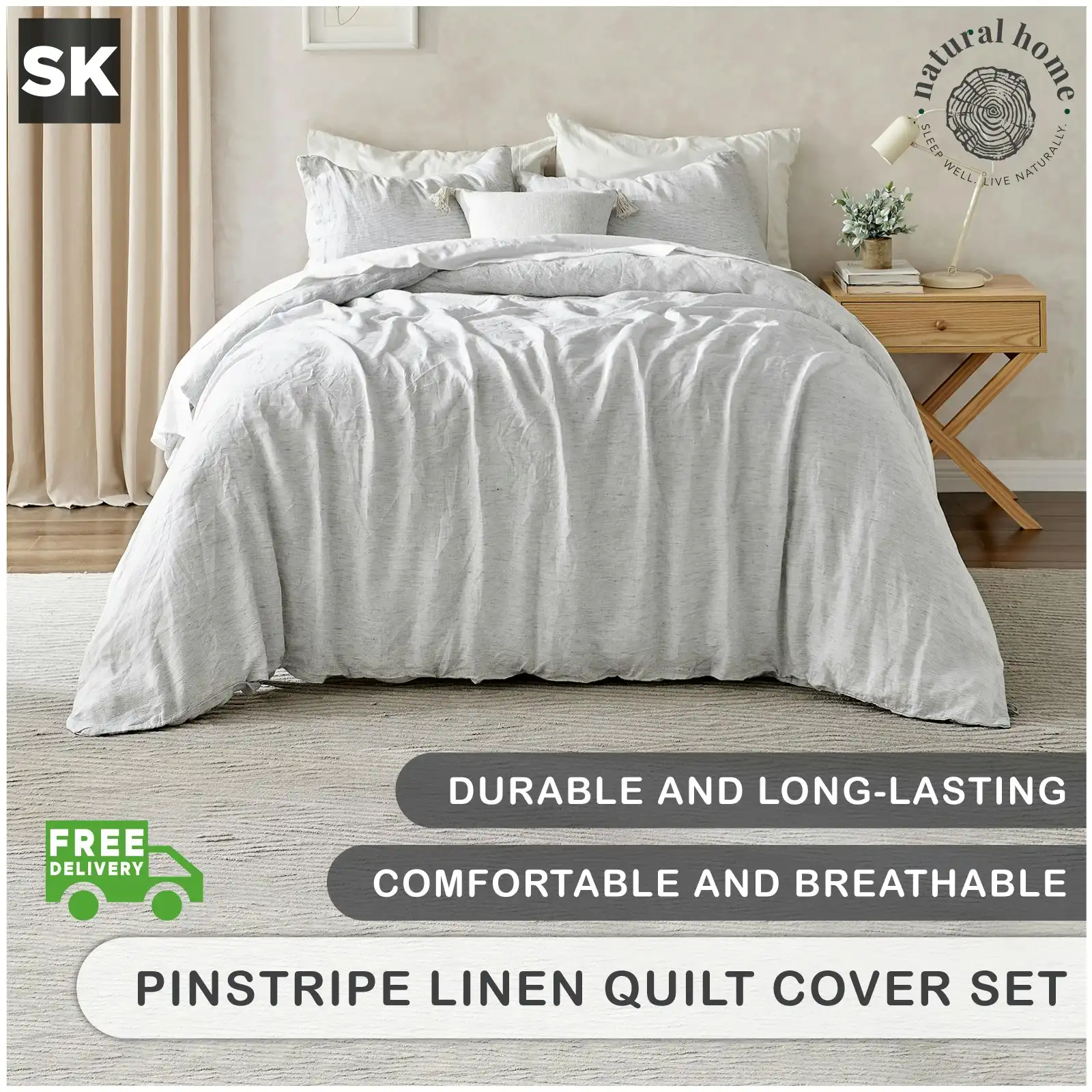 Natural Home Classic Pinstripe Linen Quilt Cover Set Dark with White Pinstripe Super King Bed