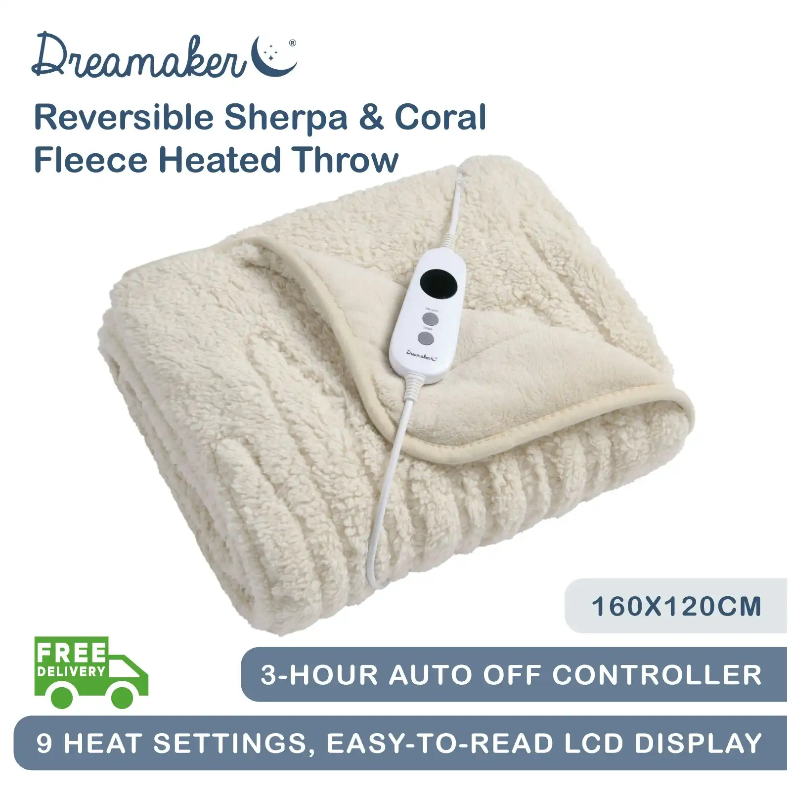 Dreamaker Reversible Sherpa & Coral Fleece Heated Throw Cream 160 x 120cm