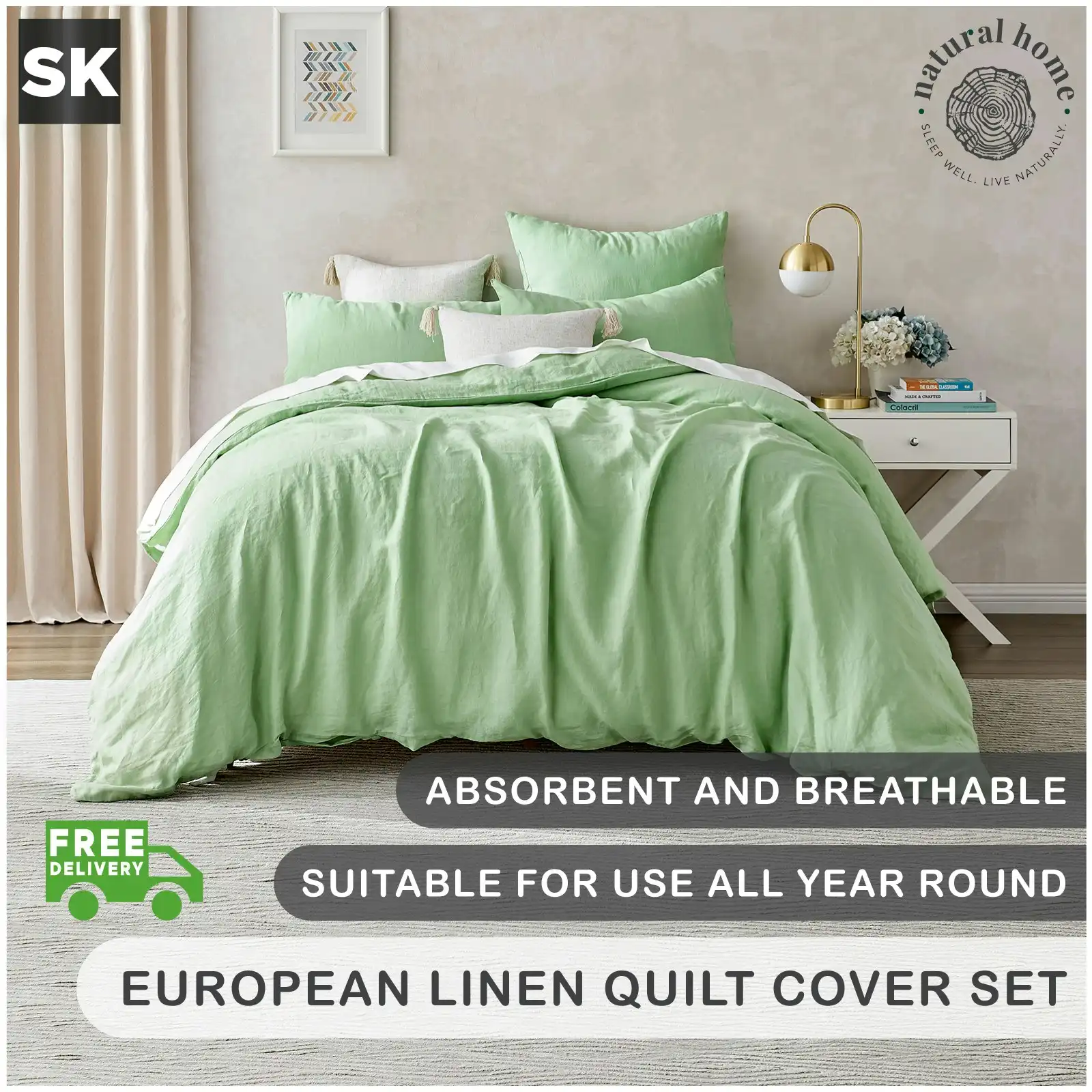 Natural Home Linen 100% European Flax Linen Quilt Cover Set - Sage - Super King Bed
