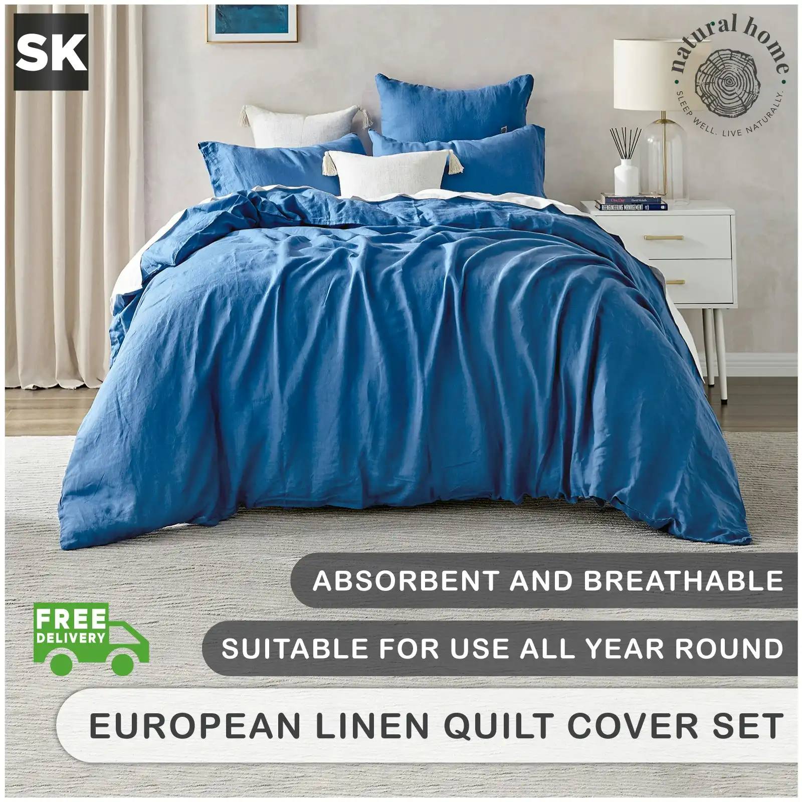 Natural Home Linen 100% European Flax Linen Quilt Cover Set - Deep Blue - Super King Bed