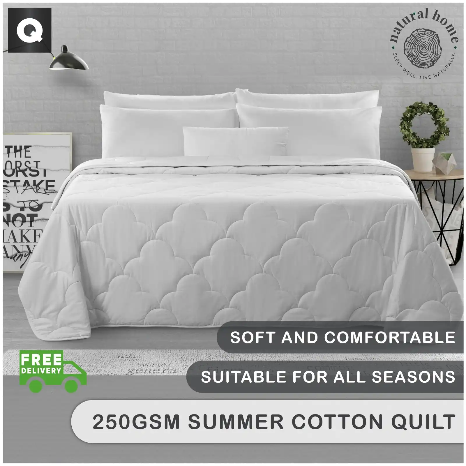 Natural Home Summer Cotton Quilt 250gsm - White - Queen Bed