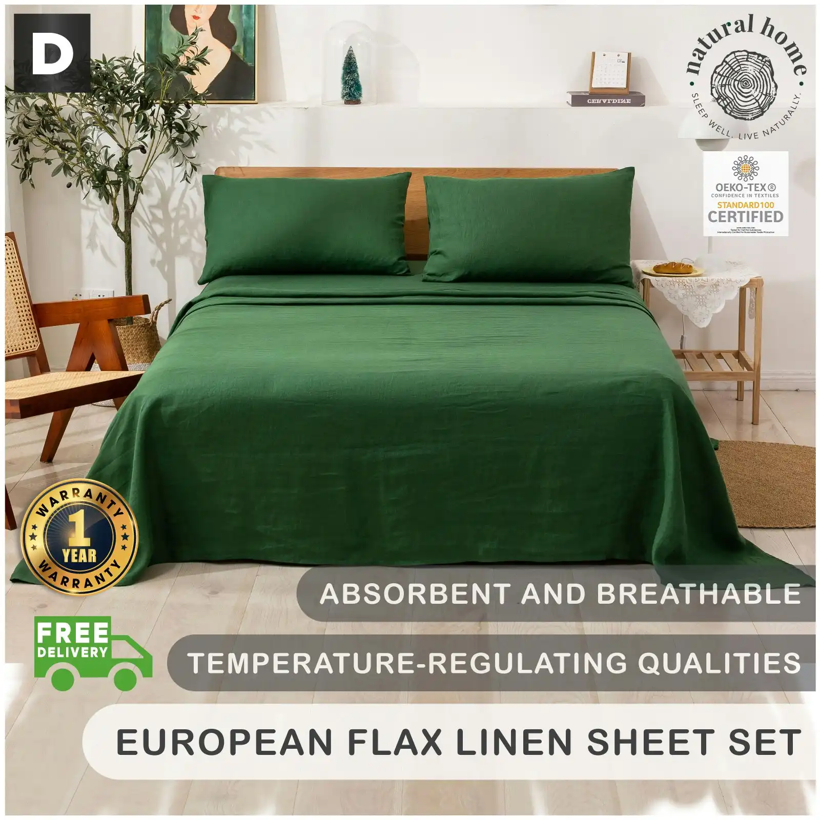 Natural Home 100% European Flax Linen Sheet Set - Olive - Double Bed