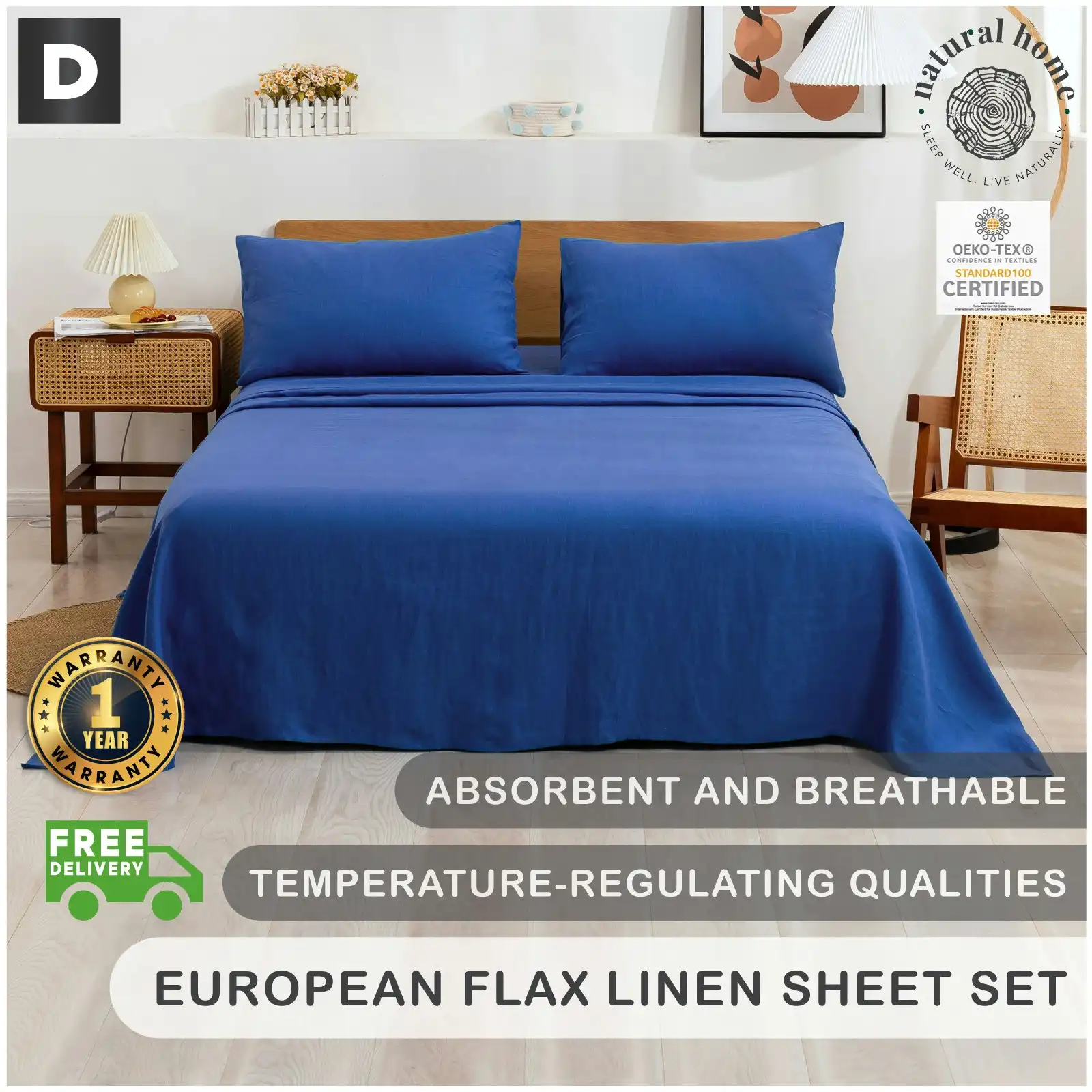 Natural Home 100% European Flax Linen Sheet Set - Deep Blue - Double Bed