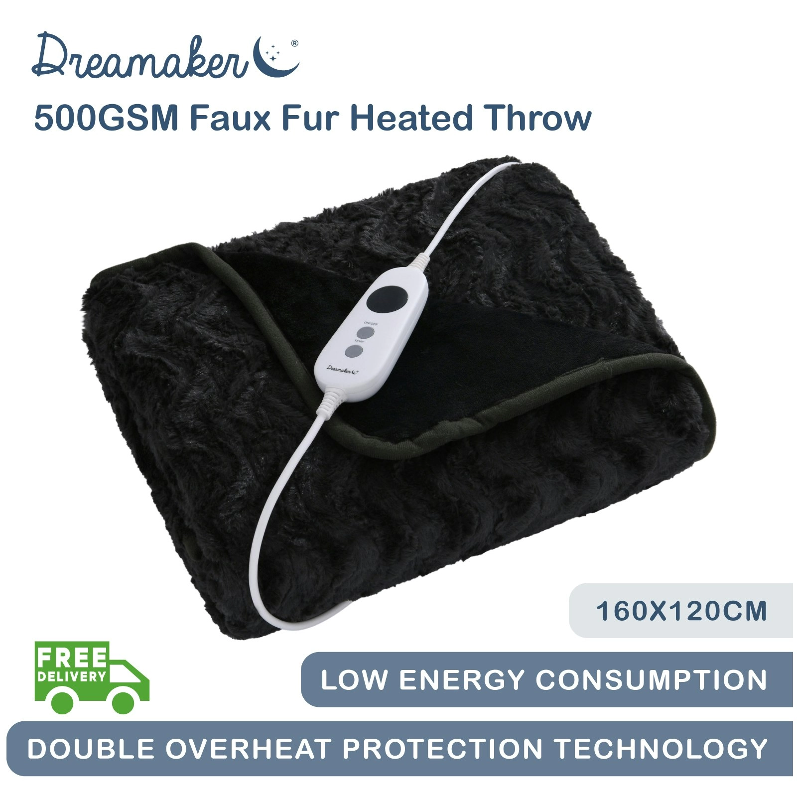 Dreamaker 500Gsm Faux Fur Heated Throw Charcoal 160x120cm