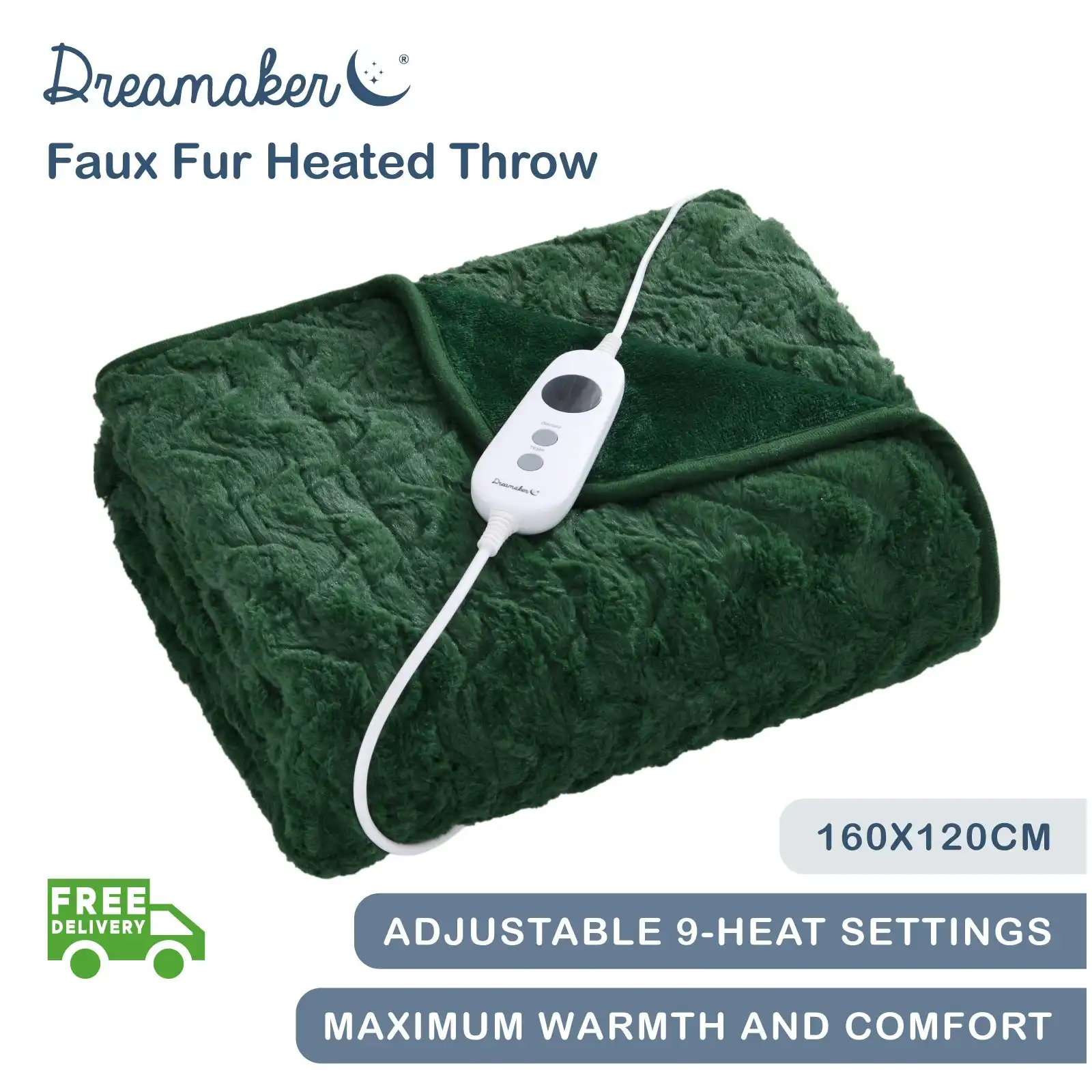 Dreamaker 500gsm Faux Fur Heated Throw Eden Green 160 x 120cm