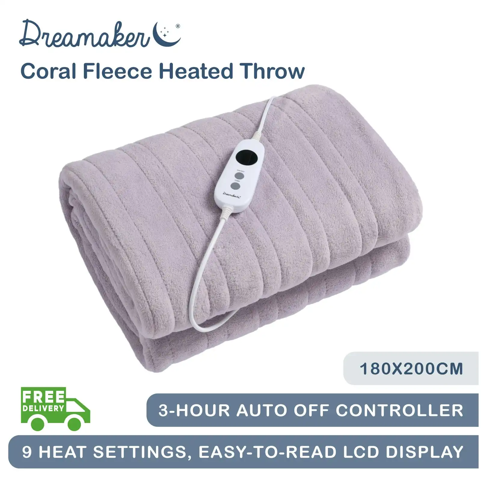 Dreamaker Coral Fleece Electric Heated Throw Blanket Lavender 200 x 180cm