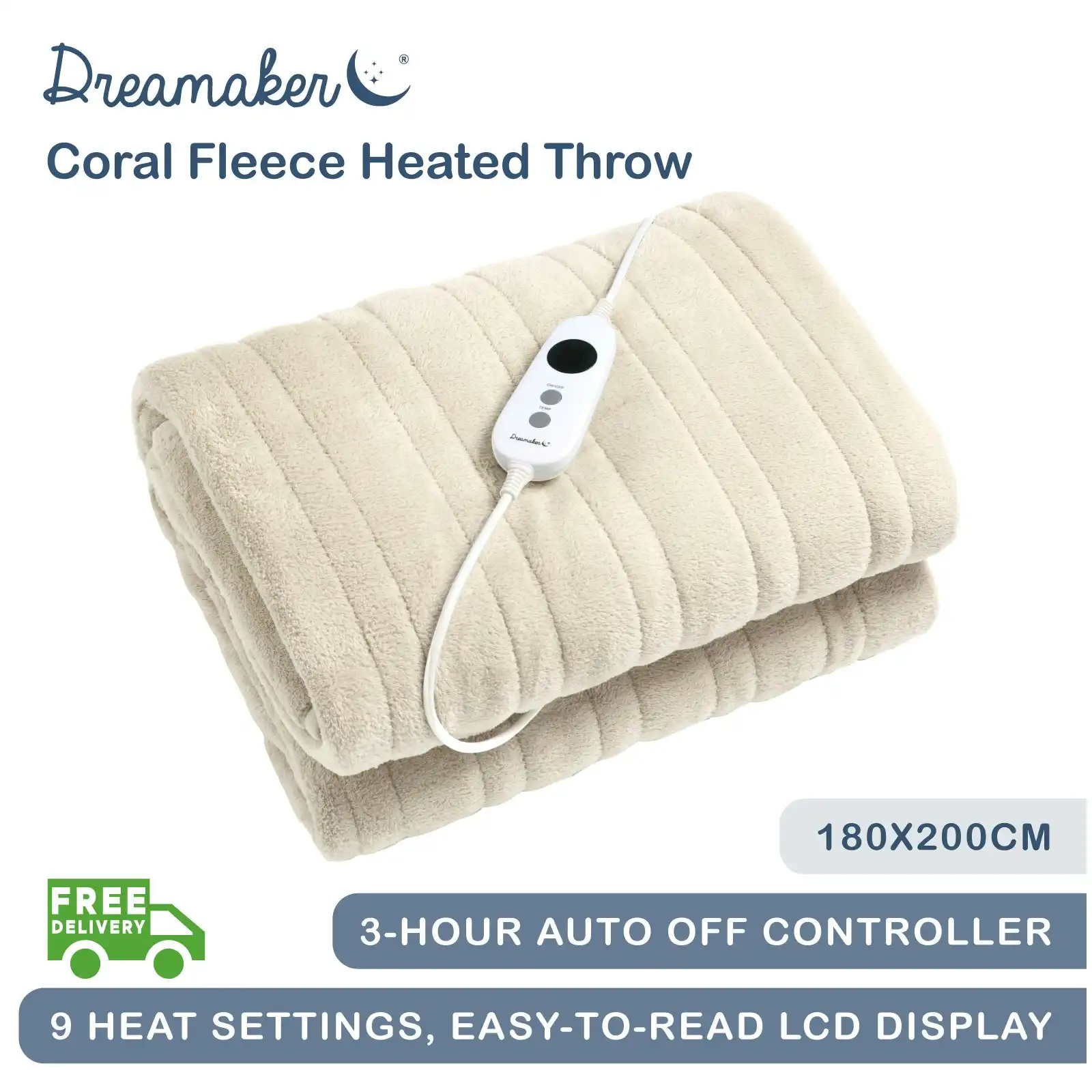 Dreamaker Coral Fleece Electric Heated Throw Blanket Cream 200 x 180cm
